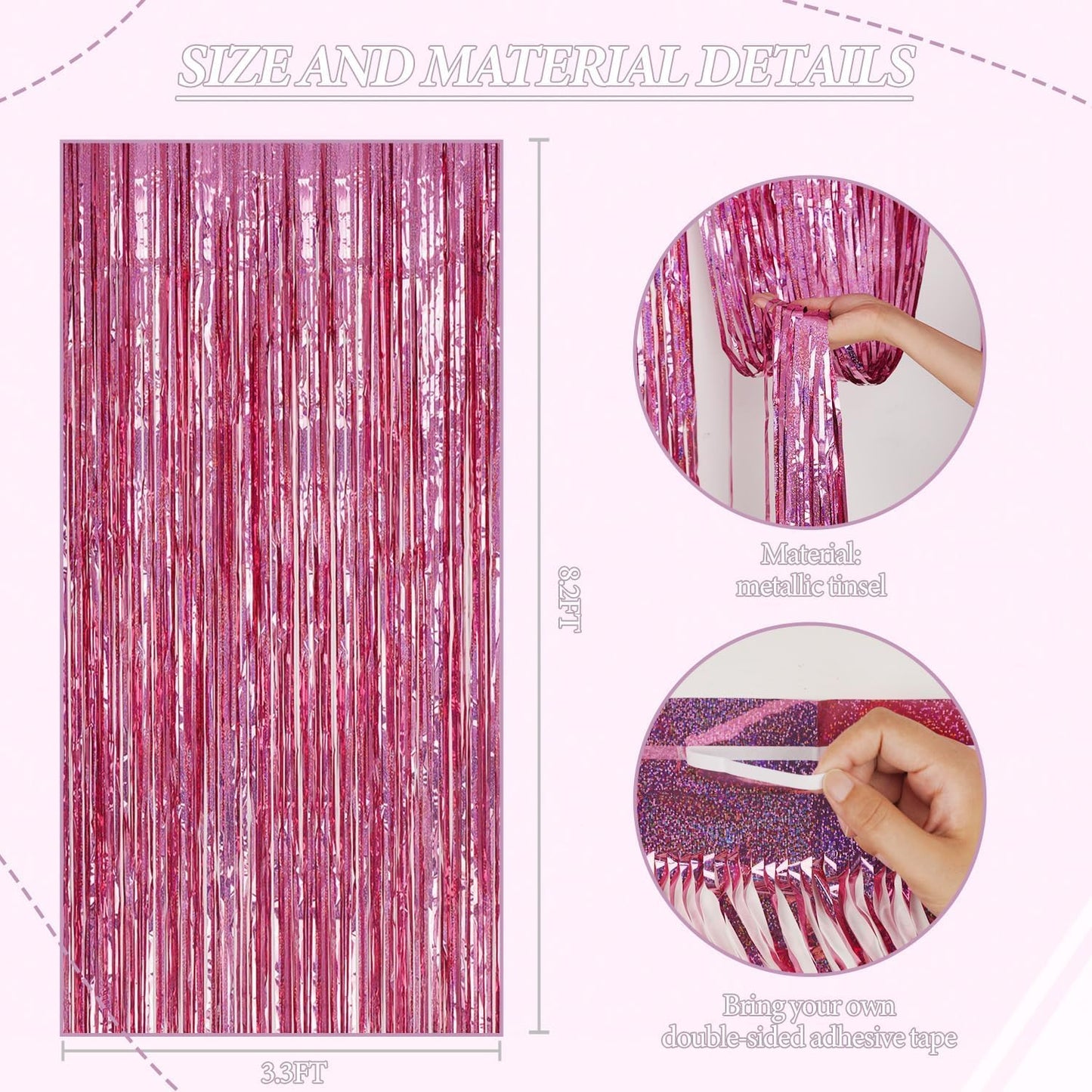 3 Pack Foil Fringe Backdrop - Laser Pink Shiny Tinsel Curtains for Party Decoration/Photo Booth Props - 3.3x8.2 FT Metallic Foil Backdrop for Birthday, Wedding, Graduation, Christmas.