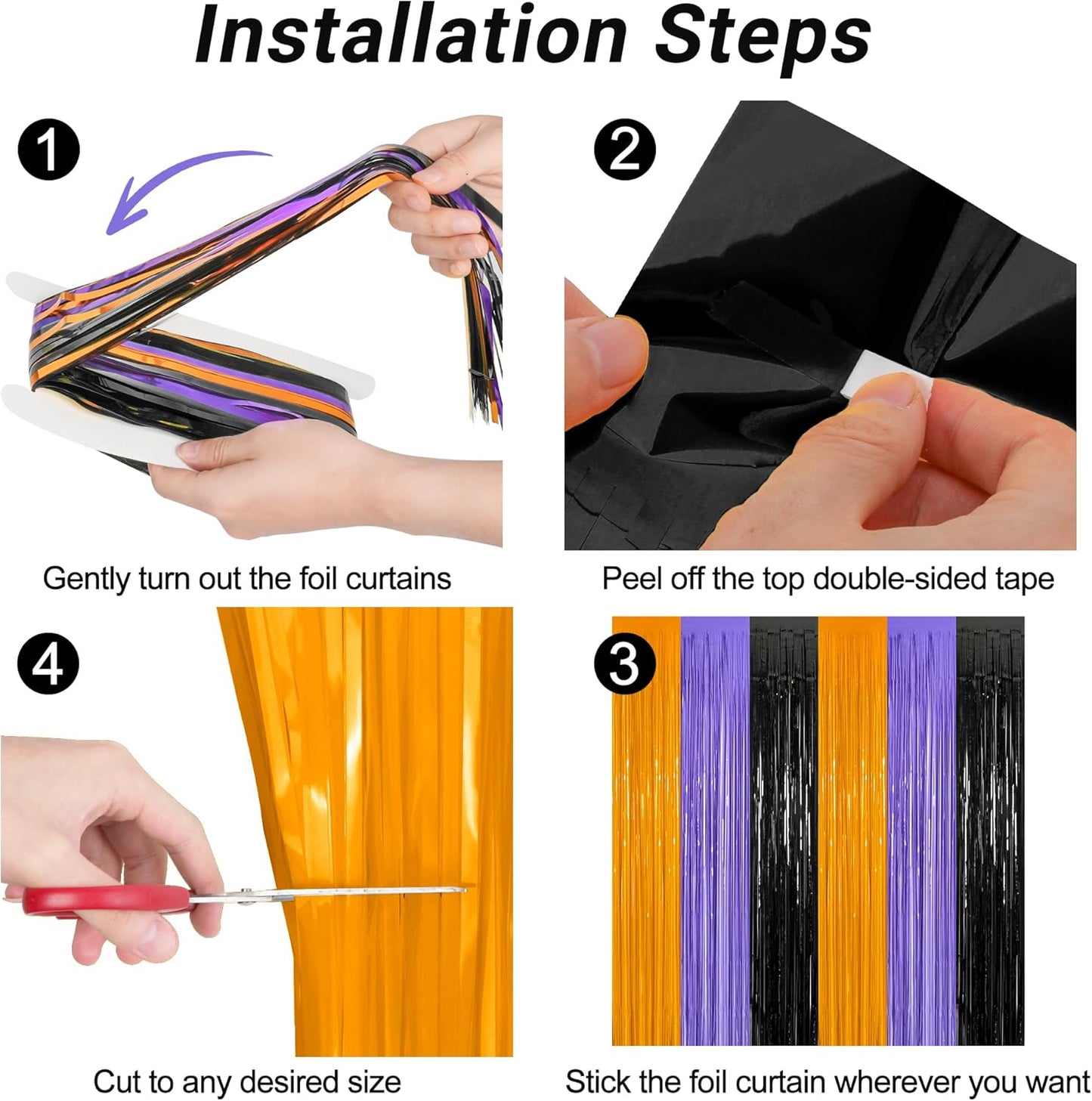 4 Pack Halloween Decorations, 3.28 FT x 7.05 FT Orange Purple Black Party Streamer, Funny Photo Backdrop Foil Curtains Fringe Tinsel, Halloween Door Decor Party Supplies Indoor