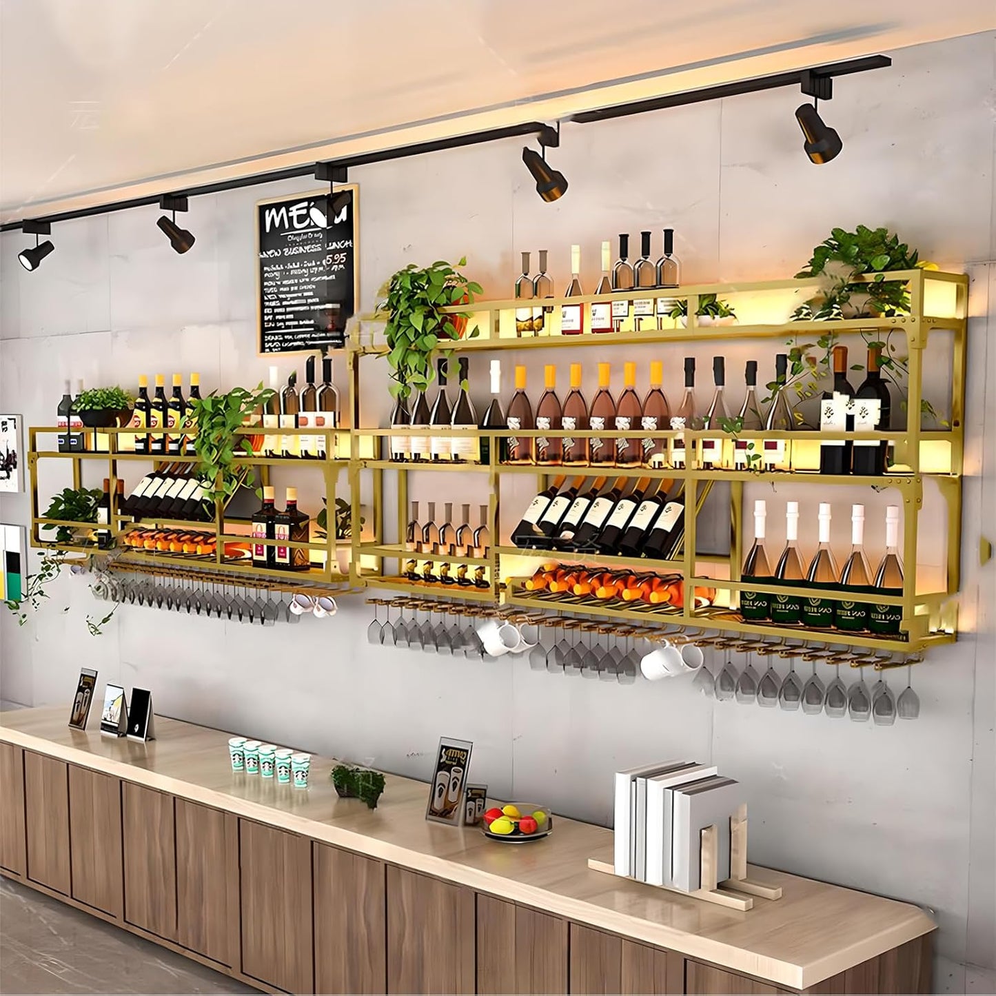 59in Wall Mounted Wine Rack, Wine Rack Wall Mounted With Wine Glass Rack, Metal Bar Bottle Display Shelf Wine Cups Hanging Holder, For Home Bar Cafe Dining Room Decoration (GOLD, 59*10*35.5inch)