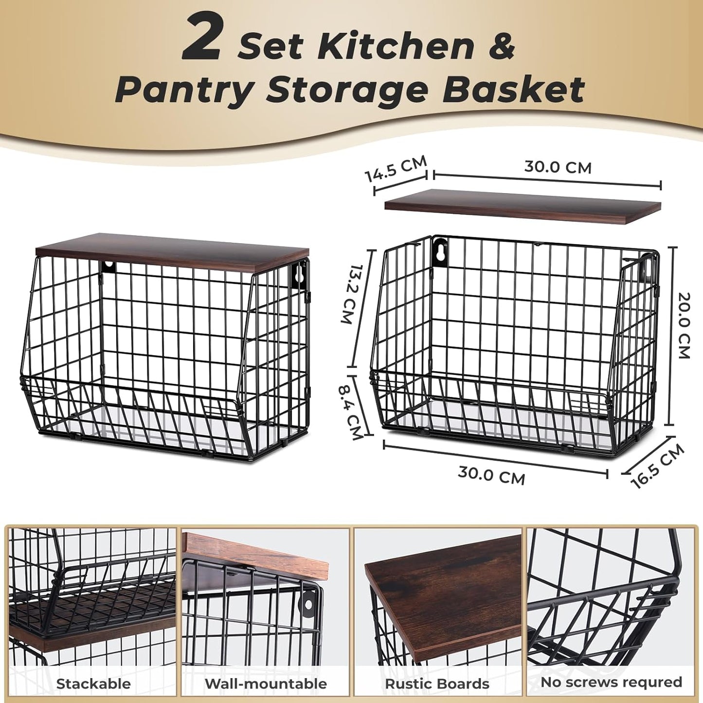 2pcs Fruit Basket Kitchen Storage Basket with Wood Lid, Stackable Wall Basket Fruit Basket for Kitchen, Countertop Organizer for Snack, Fruit and Veggie Storage, 11.8 x 7.9 x 8.5 Inch