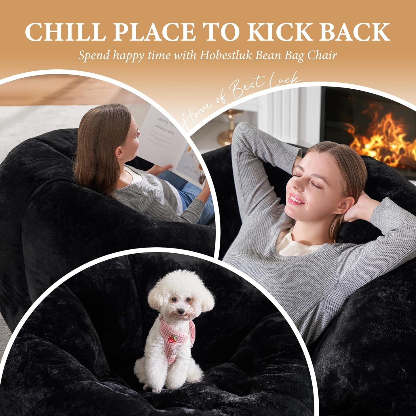 Hobestluk Bean Bag Chairs Large Bean Bag Couch for Adults Stuffed Sofa Chair Comfy Giant Bean Bag Chair with Spacious Design for Reading, Playing or Relaxing (Black)