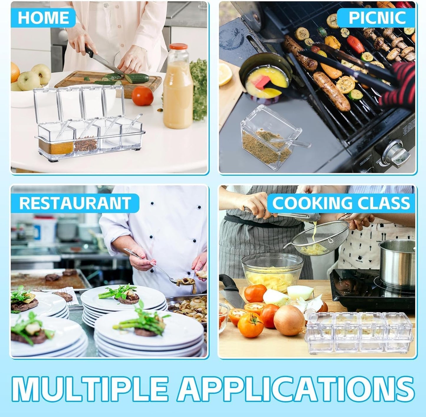 4-Cell Clear Seasoning Rack Spice Box, Storage Container Condiment Jars Acrylic Seasoning Box with Cover and Spoon (Enhanced Version Clear)