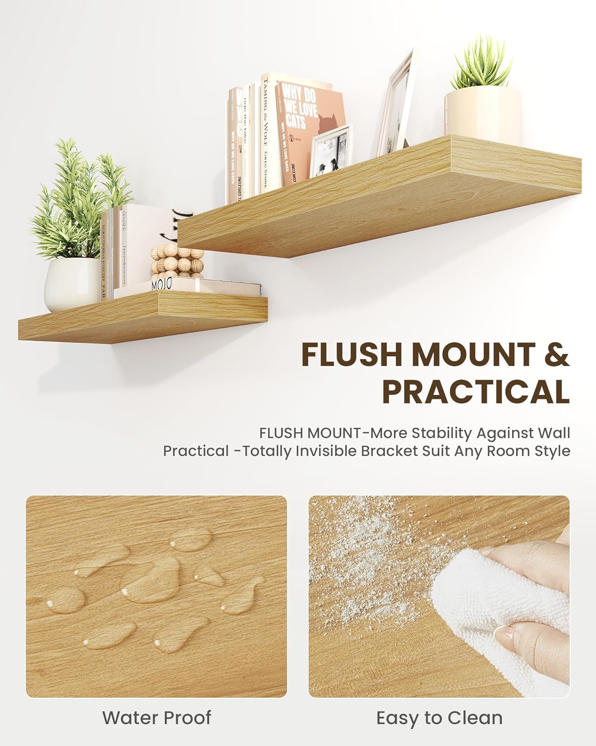 Marsmiles 36" Floating Shelves for Wall, Wooden Shelves with Invisible Brackets Set of 2, Rustic Farmhouse Wall Mounted Shelf for Kitchen Bathroom Living Room Study, Natural Oak