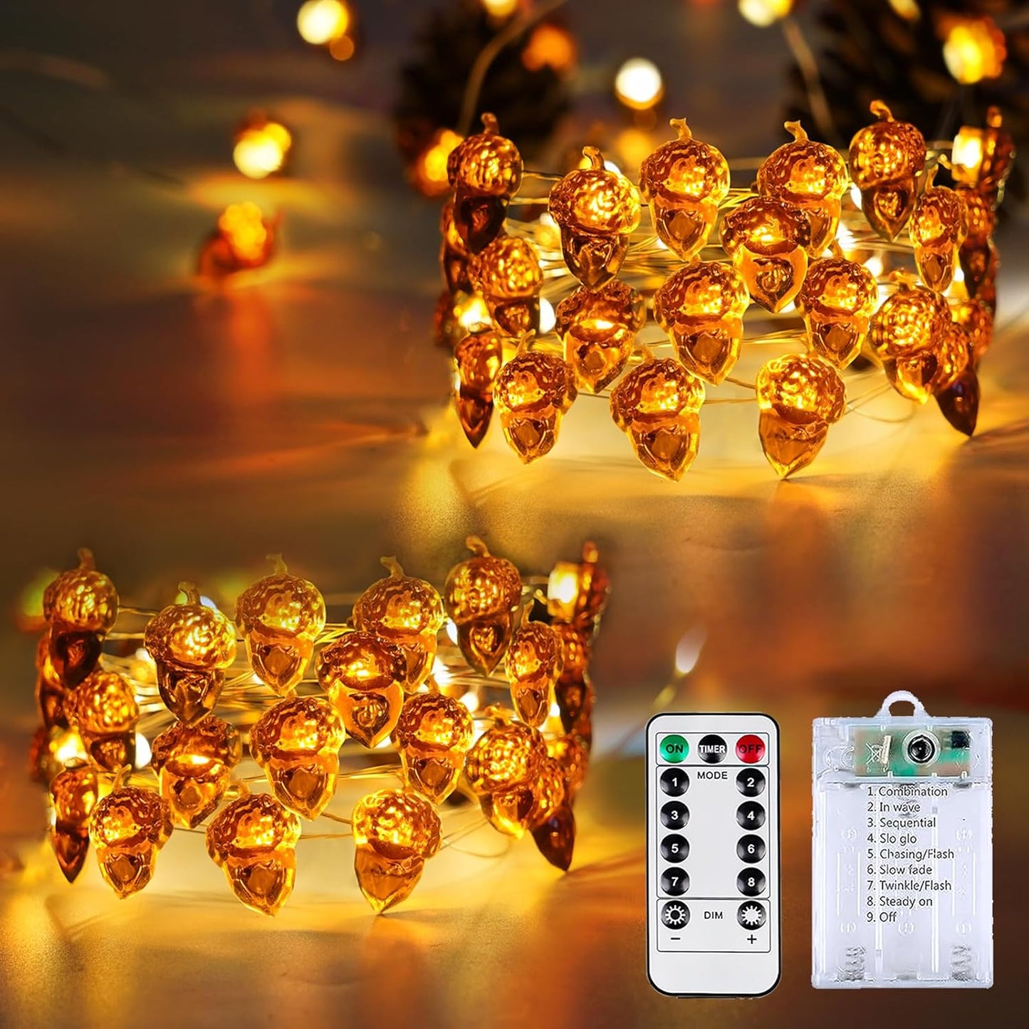 2 Pack 60LED Fall Decoration Acorn String Light Battery Operated, 20FT Fall Lights with Remote, Waterproof 8 Modes Fairy Lights for Autumn Harvest Thanksgiving Halloween Decor