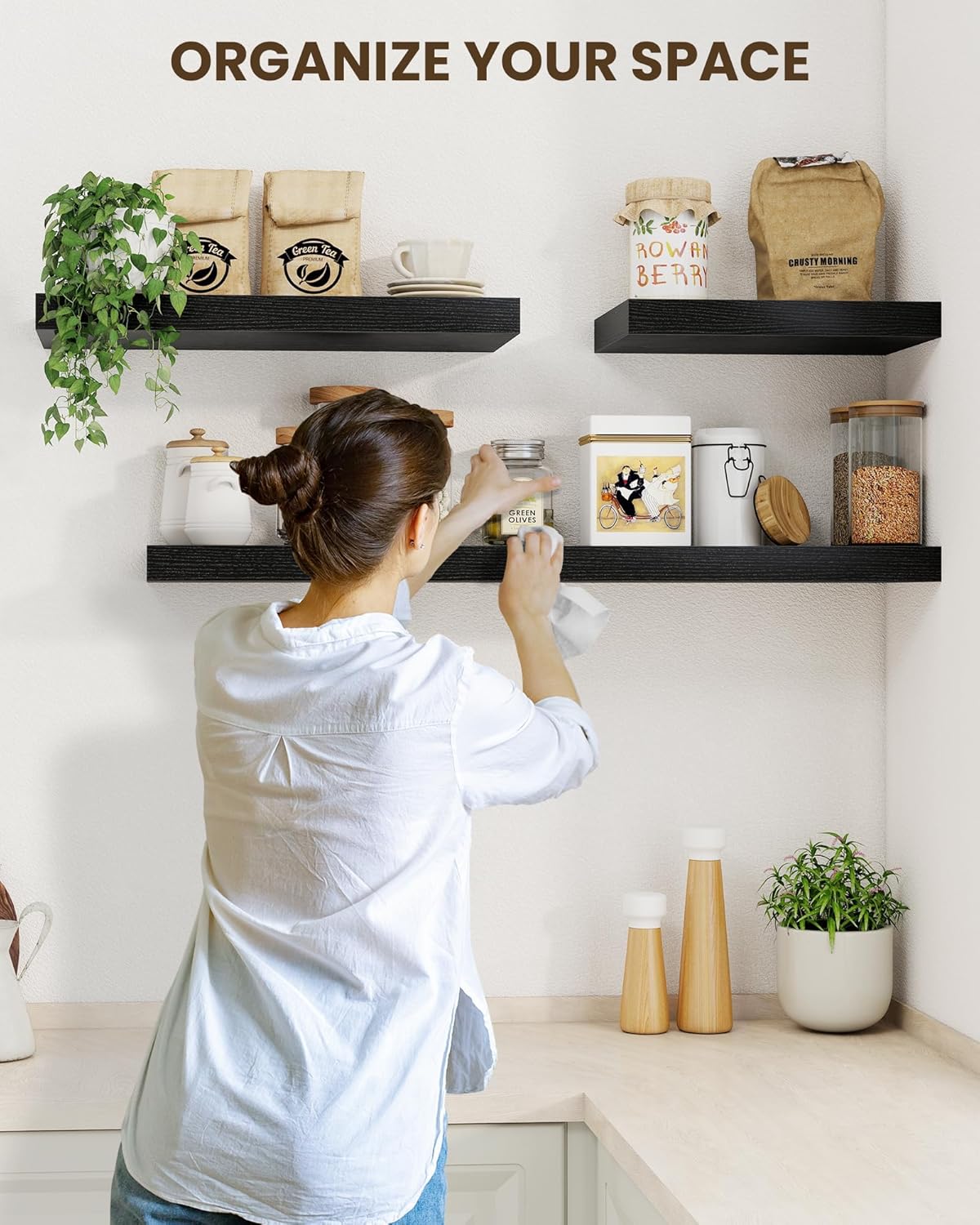 Marsmiles 16" Floating Shelves for Wall, Wooden Shelves with Invisible Brackets Set of 2, Rustic Farmhouse Wall Mounted Shelf for Kitchen Bathroom Living Room Study, Black