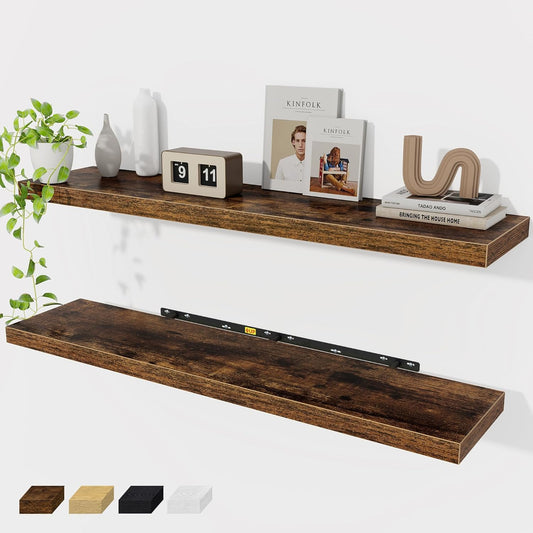Floating Shelves Wall Shelf 48 Inch, 9.3 Inch Deep Floating Shelf, Farmhouse Black Wood Shelves Invisible Bracket for Living Room, Bedroom, Kitchen, 48 x 9.3 x 1.4 Inch, Set of 2, Rustic Brown