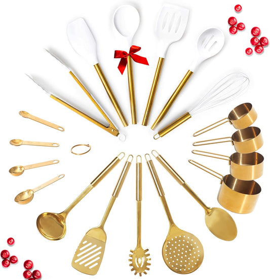 Gold Kitchen Utensils Set - 19-Piece Set Includes Stainless Steel Gold Utensils, White Silicone Tools, and Measuring Cups and Spoons - Luxury Kitchen Accessories for Modern Cooking, Serving, & Gifting