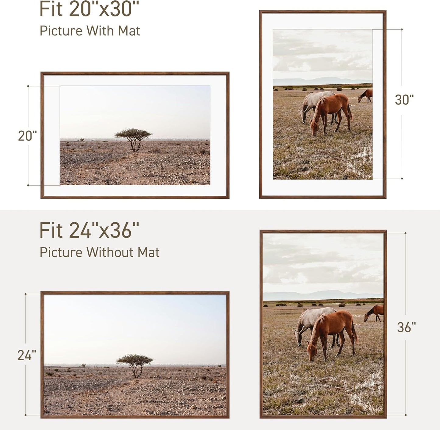 24x36 Poster Frame Set of 2 Natural Solid Walnut Photo Frames with 20x30 Removable Mat Wall Hanging Large Handcrafted Frame with HD Plexiglass Wall and Tabletop Display Large Picture Frame