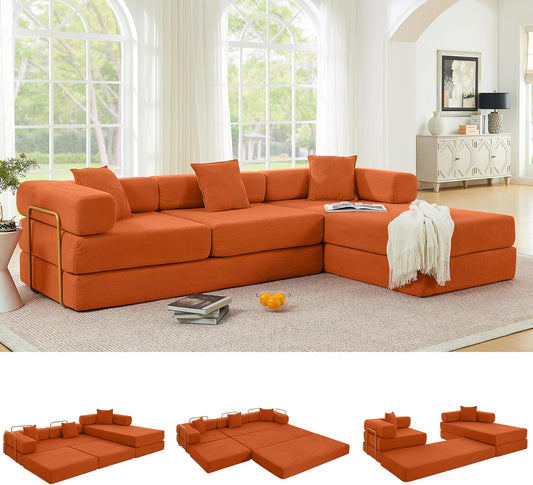 108" Oversized Convertible Sleeper Sofa Bed, Corduroy L Shape Sectional Couch, Folding Sofa Bed with Side Pocket, Modern Cloud Floor Mattress Couch, Modular Sofa for Living Room, Orange