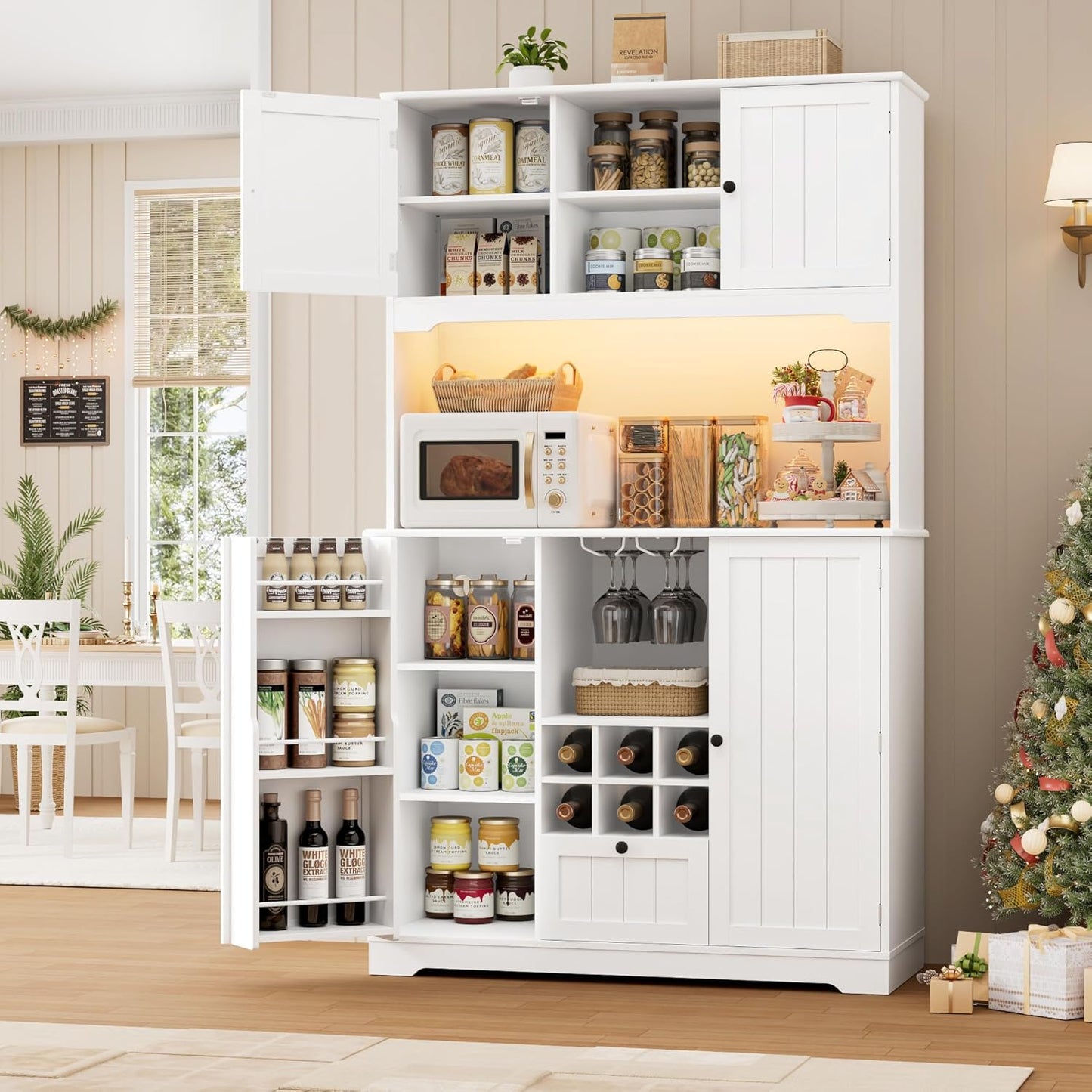 FINETONES 71" Pantry Cabinet with 7-Color LED Light and Charging Station, Kitchen Pantry Cabinet with Microwave Stand, Kitchen Hutch Food Storage Cabinet with Outlet and Wine Racks, White