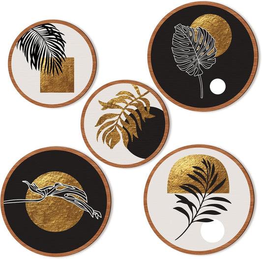 Qunclay 5 Pcs Wall Art Decor Wooden Living Room Wall Decor Bohemian Hanging Farmhouse Geometric 10'' and 8'' Aesthetic Wood Minimalist Posters for Bedroom(Rustic, Leaf)