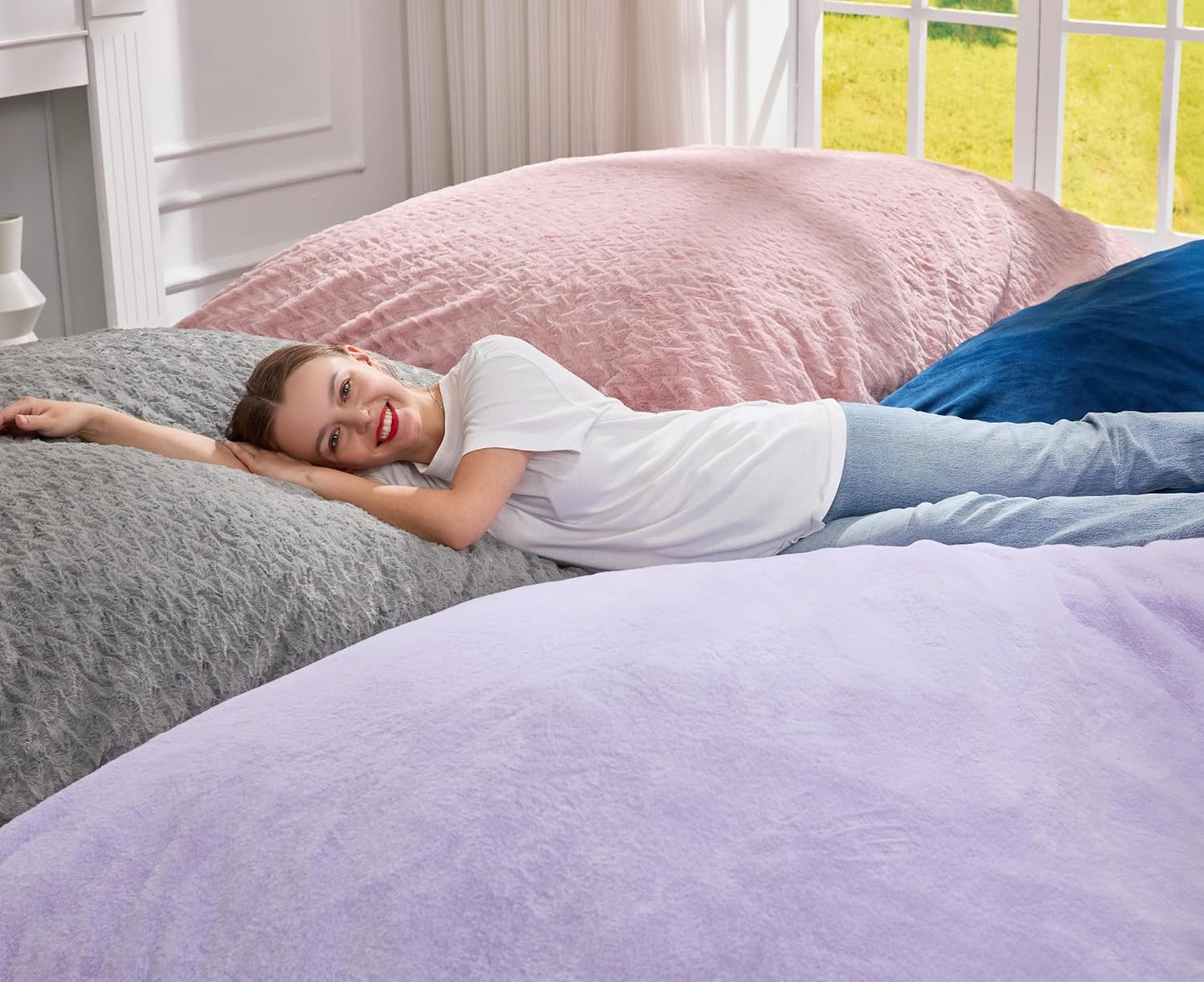 Hobestluk 3 in 1 Bean Bag Chair Giant Bean Bag Chairs for Adults with Chevron Plush Fur Cover Convertible Bean Bag Floor Cushion with Machine Washable Cover for Living Room (Chevron Plush Pink)