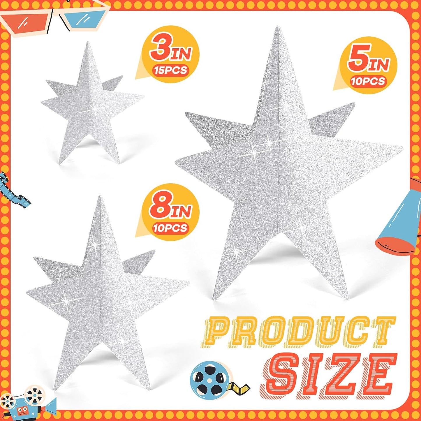 45 Pcs 3D Star Centerpieces Movie Night Decorations for Table in 3 Sizes Hanging Supplies for Red Carpet Film Show Theme Birthday New Year Party First Day of School Table Decor(Silver)
