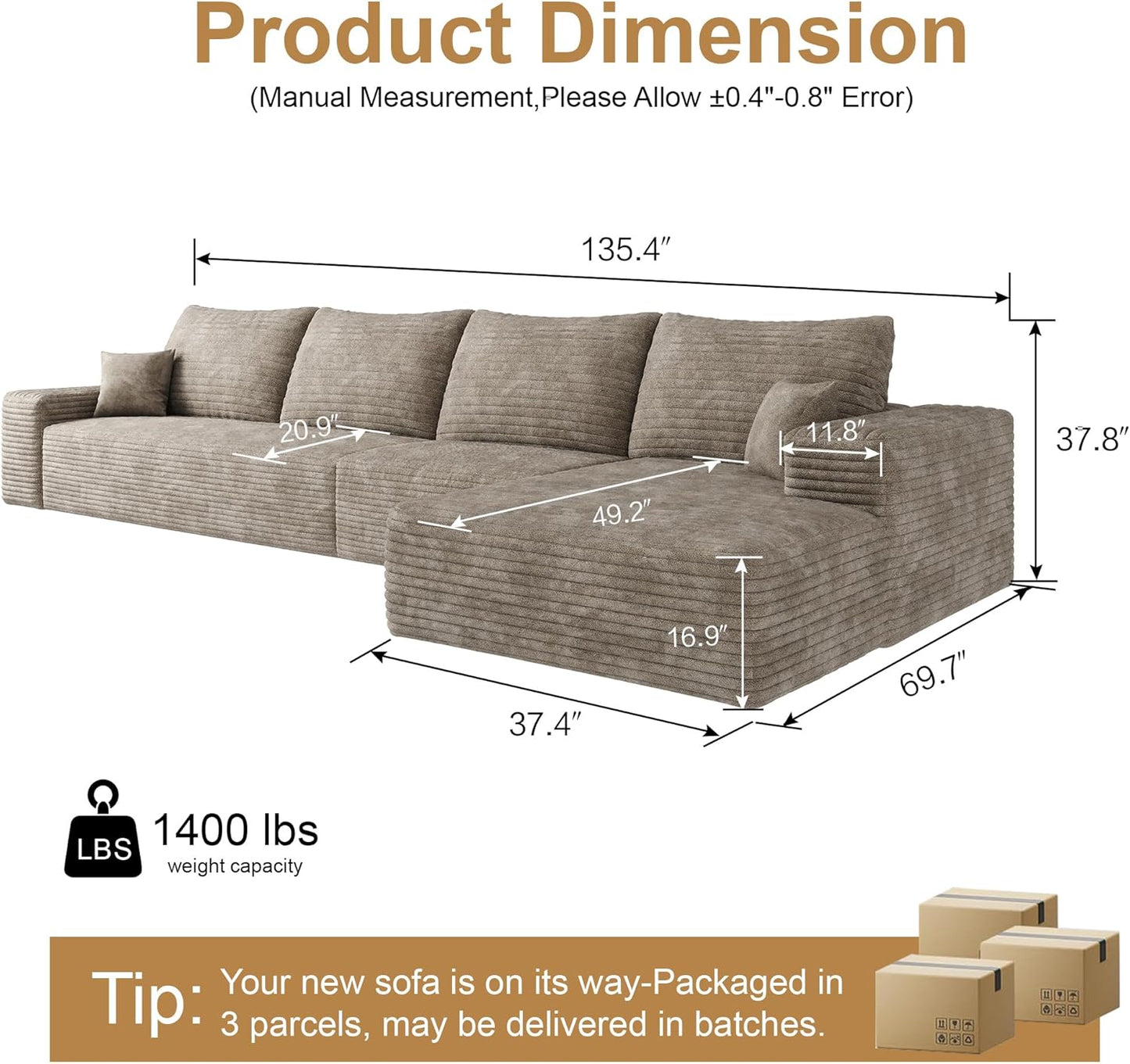 136" Sectional Couches for Living Room Modern Modular Sofa with L-Shape Couchs Upholstered Boneless Couch Deep Seat Sectional Couch with Chaise (Camel, Right Facing Chaise+3Seaters)