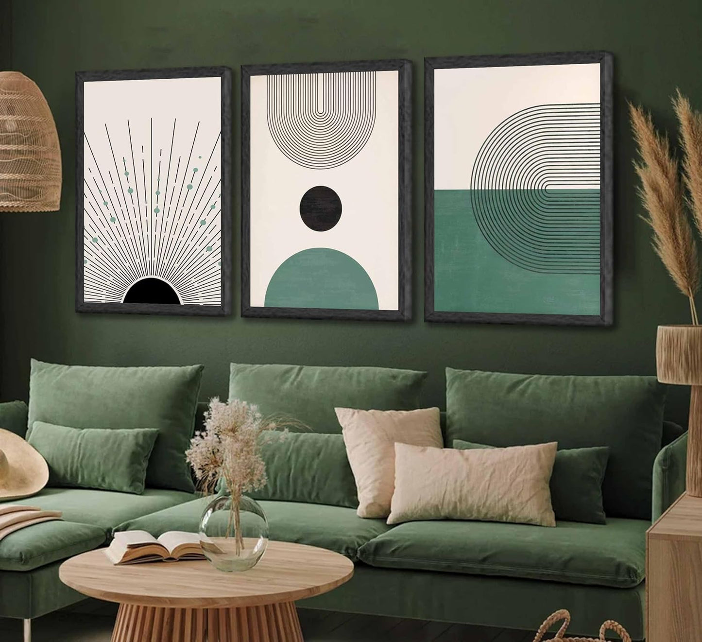 3 Pcs Sage Green Boho Canvas Wall Art Modern Abstract Minimalist Neutral Bohemian Sun Geometric Line Painting Picture Wall Decor Poster Print Artwork for Living Room Bedroom Home Decoration Unframed