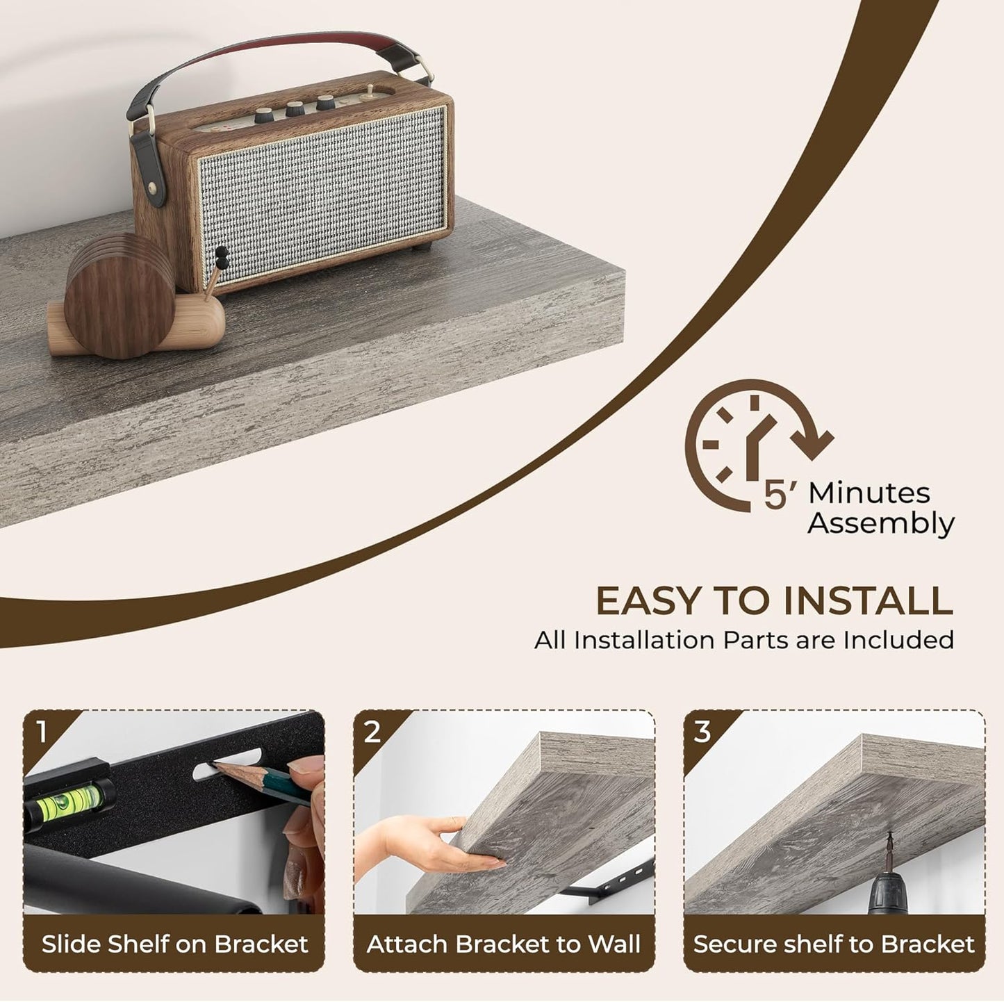 RICHFOCUS 72Inch Floating Shelves for Wall 2 Pack Shelves for Bedroom|Kitchen|Bathroom Wall Mounted Rustic Wood Floating Shelf with Invisible Brackets for Books|Storage|Decor, Grey