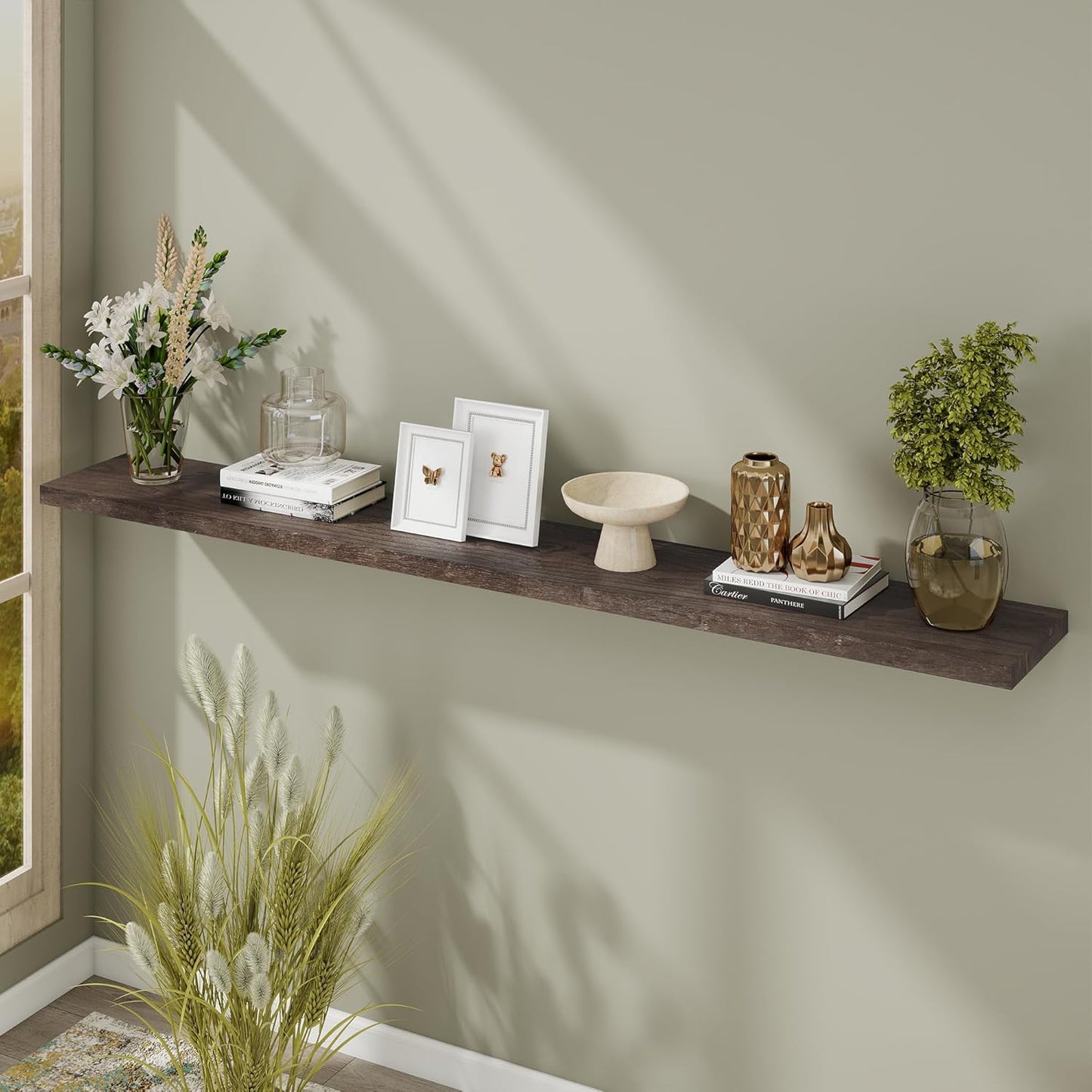 Fun Memories Floating Shelves for Wall, 72"x9.3" Rustic Solid Elm Wood Wall Shelves, Heavy-Duty Wall Mounted Shelves with Invisible Brackets, Set of 2 for Living Room, Bedroom, Kitchen, Walnut Finish