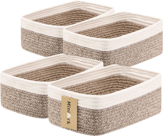 Small Storage Baskets for Organizing | Closet Organizer Bins | Shelf Toy Basket | Woven Rope Baskets | Cube Decorative Box | Shallow Basket | 13x8.5x5.1” | 4 Packs White Brown