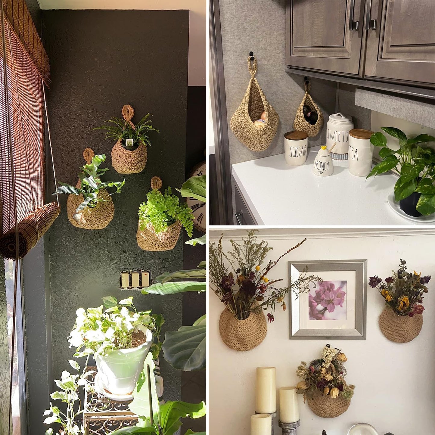 3 Pack Hanging Wall Basket with Hook, 3 Size Wall Hanging Fruit Baskets, Hanging Baskets for Organizing, Hanging Fruit Baskets for Kitchen, Restaurant, Coffee Shop, Party and Garden Decor