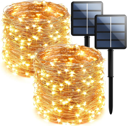 2-Pack 200 LED Solar String Lights for Outside,Solar Fairy Lights for Outside Waterproof,Solar String Lights Outdoor with 8 Modes for Christmas Tree,Balcony, Party,Wedding Decorations (Warm White)