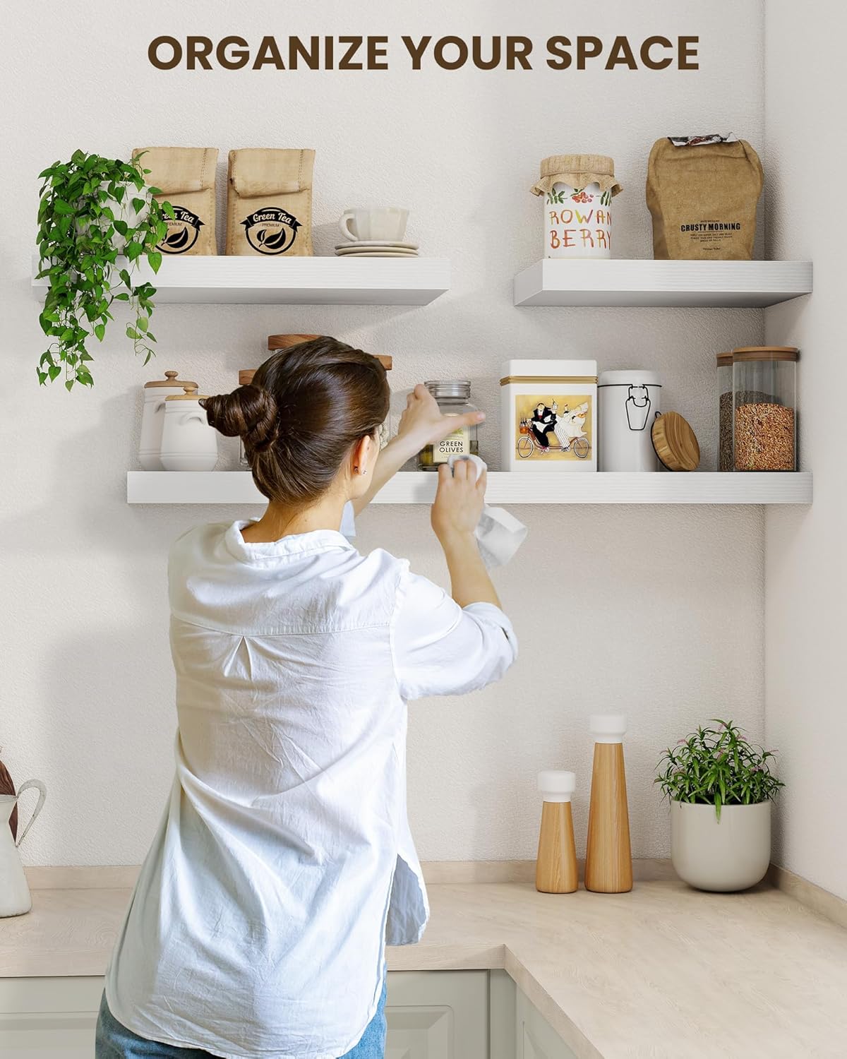 Marsmiles 48" Floating Shelves for Wall, Wooden Shelves with Invisible Brackets Set of 2, Rustic Farmhouse Wall Mounted Shelf for Kitchen Bathroom Living Room Study, White