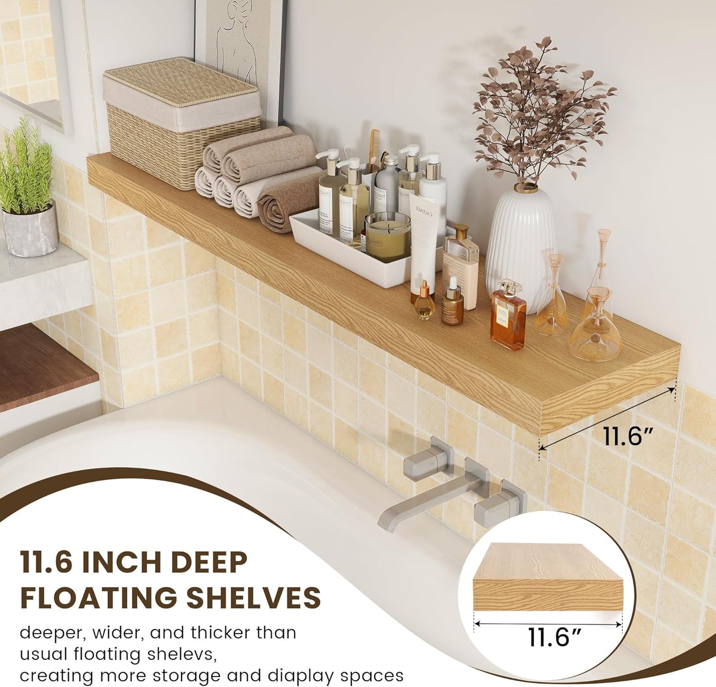 Deep Floating Shelves for Wall - 55 Inch Wide x 12 Inch Deep Wall Shelves Set of 1 - Rustic Oak Color Wood Shelves for Living Room, Bathroom, Laundry Room, Bedroom, Kitchen, Home Office