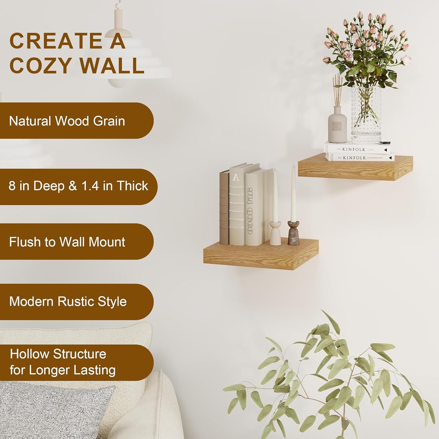 Fun Memories Floating Shelves for Wall, 8 Inch Deep Floating Wall Shelf, 16" x 8" Floating Shelves - Set of 2, Rustic Wooden Storage Shelves for Bathroom, Living Room, Kitchen