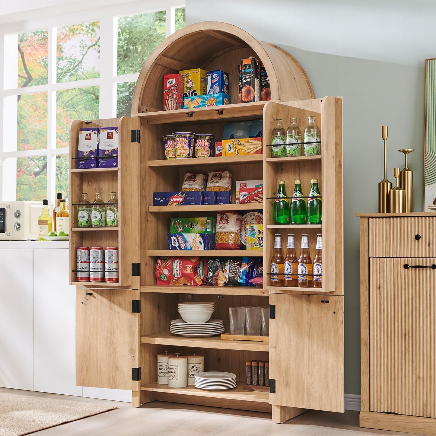 71" Tall Arched Bathroom Storage Cabinet, Modern Fluted Storage Cabinet w/Doors, 3 Adjustable Shelves, 6 Door Shelves, Wood Freestanding Cabinet for Bathroom, Entryway, Hallway, Natural