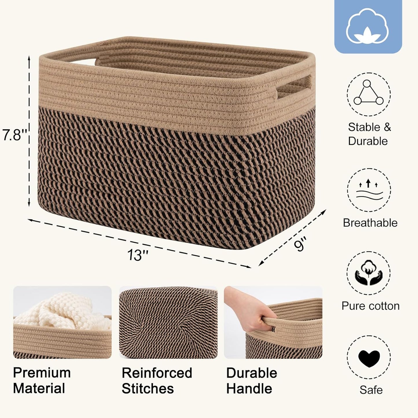 4 Pack Storage Baskets for Organizing, Woven Baskets for Shelves - Perfect for Toys, Books, Towels, and Clothes, Durable Gift Basket Bins Toy Storage, 13''L x9''W x7.8''H, Black and Brown