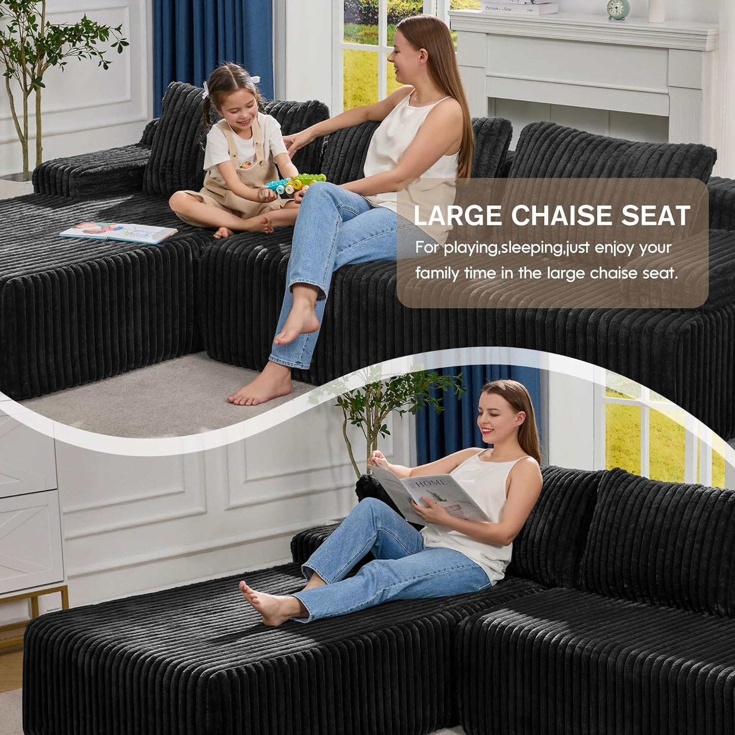 Hobestluk Modular Sectional Sofa Couches 108" L-Shape Couch 3 Seat Modular Sofa Memory Foam Sectional Couches for Living Room, Boneless Couch with Oversized Chaise (Black, Left Facing)
