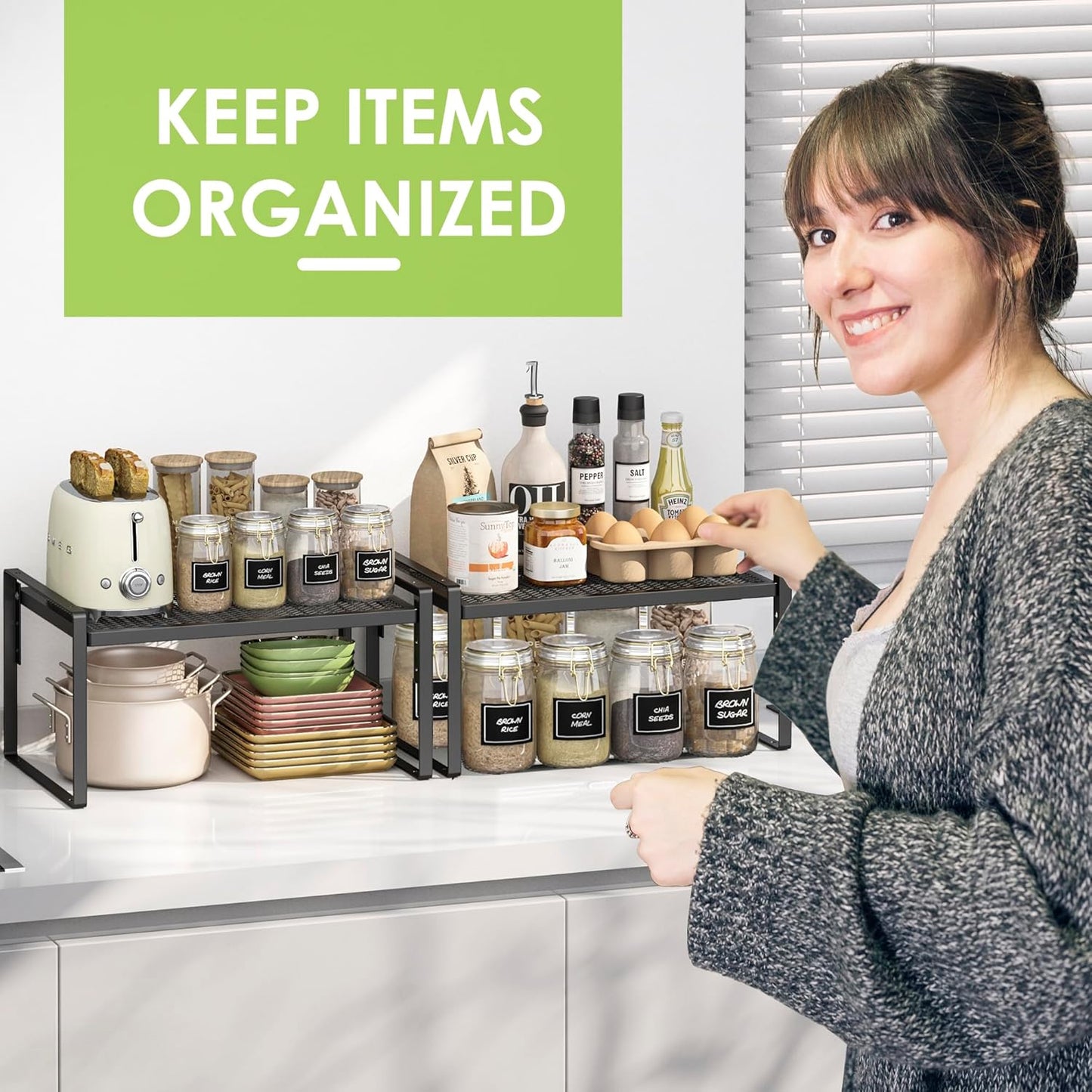 2 Pack Kitchen Countertop Organizer, Stackable Cabinet Shelf Organizer, 2 Tier Adjustable Kitchen Counter Shelves Riser For Pantry Cupboard Bathroom Organization And Storage, Desk Shelf,Spice Rack