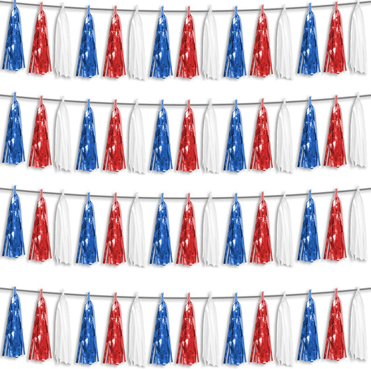 4P Red Blue White Foil Fringe Metallic Tassel Streamers Banner Tassel Garland for Parade Floats, Graduation, Wedding, Birthday, Halloween, Christmas, Independence Day, 4th of July, Party Decorations