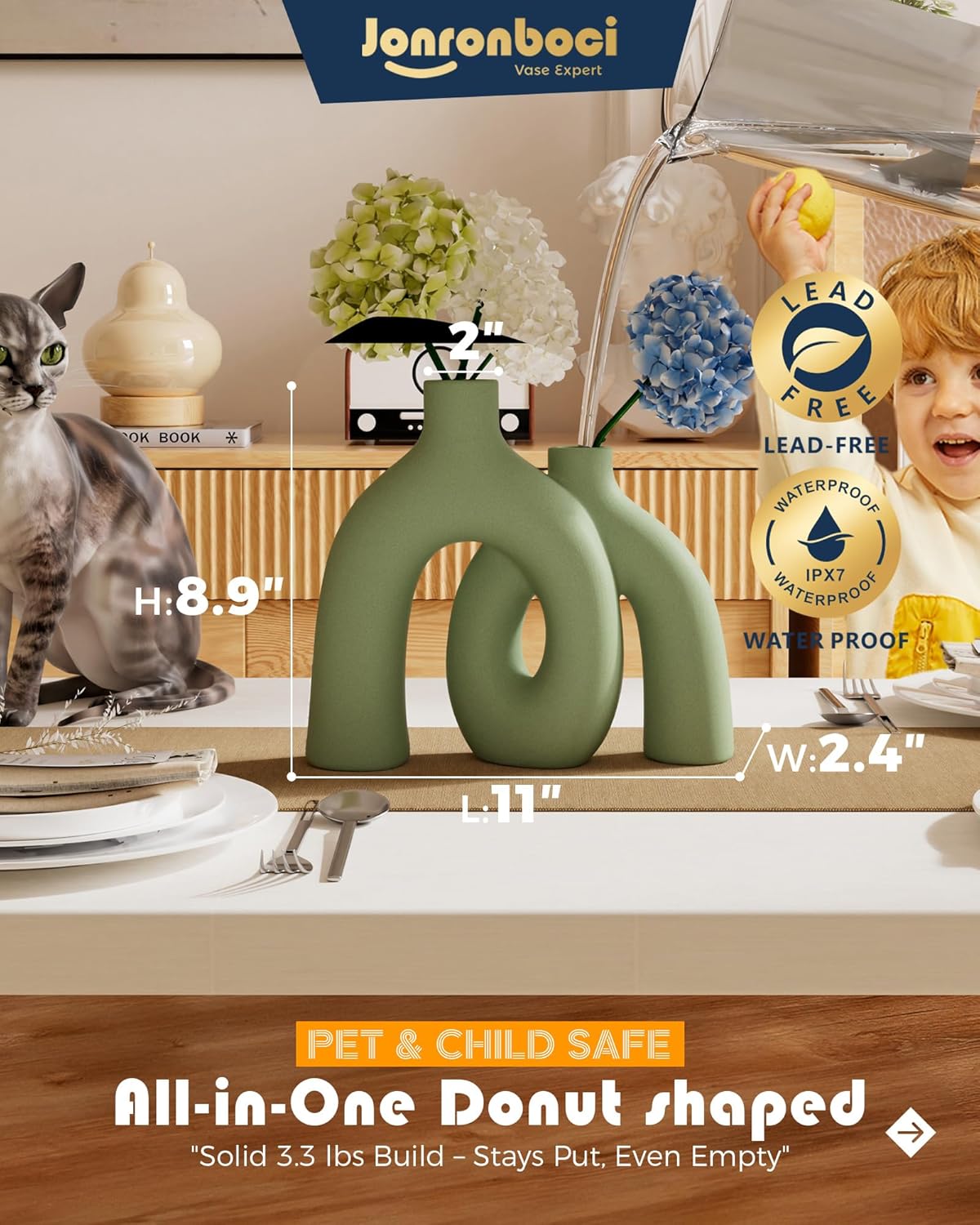 Hug Donut Decorative Vase Set - Sage Green Modern Nordic Boho Style Vases Home Decor,Matte Ceramic Decorations for Living Room Shelf, Bookshelf Mantle Entryway Table or Console Décor(Green)