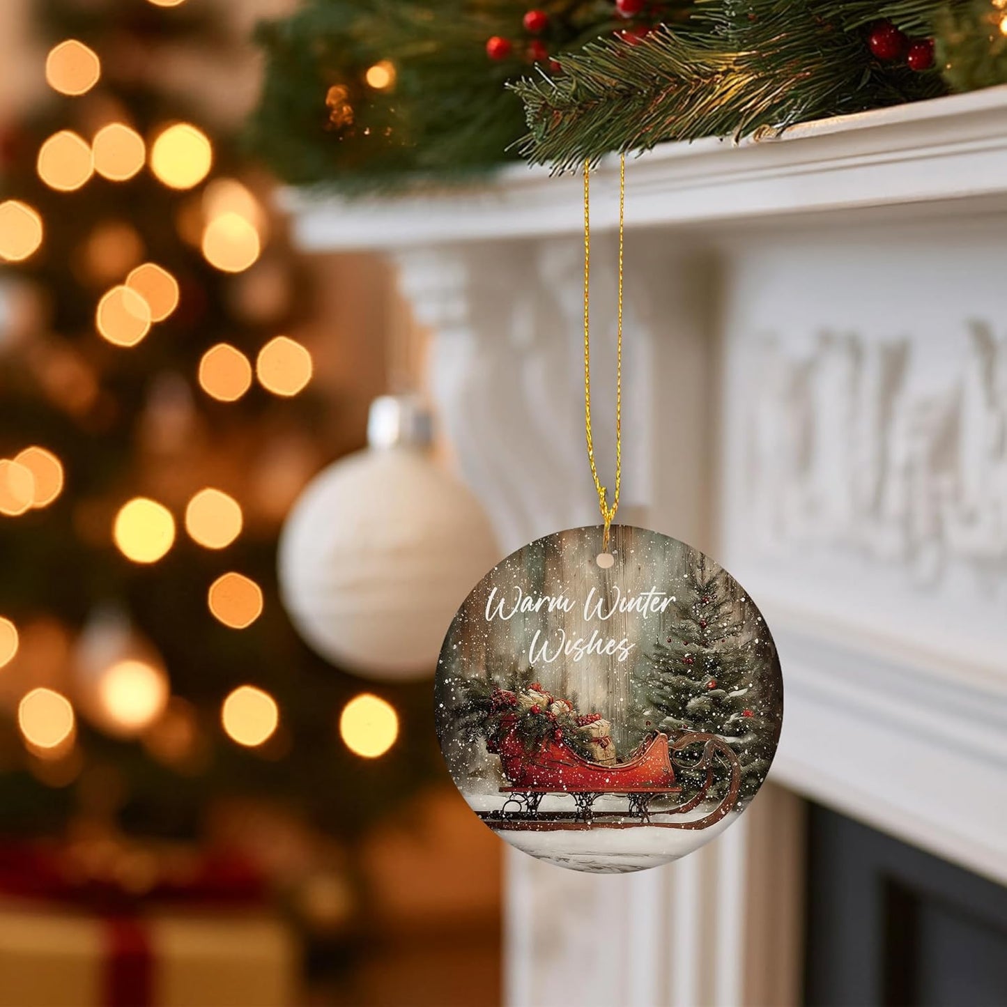 Vintage Rustic Christmas Ceramic Ornament Gifts, Farmhouse Winter Snowy Christmas Sleigh Decorative Hanging Ornaments for Xmas Tree Holiday Party Decoration, Winter Xmas Tree Decorations