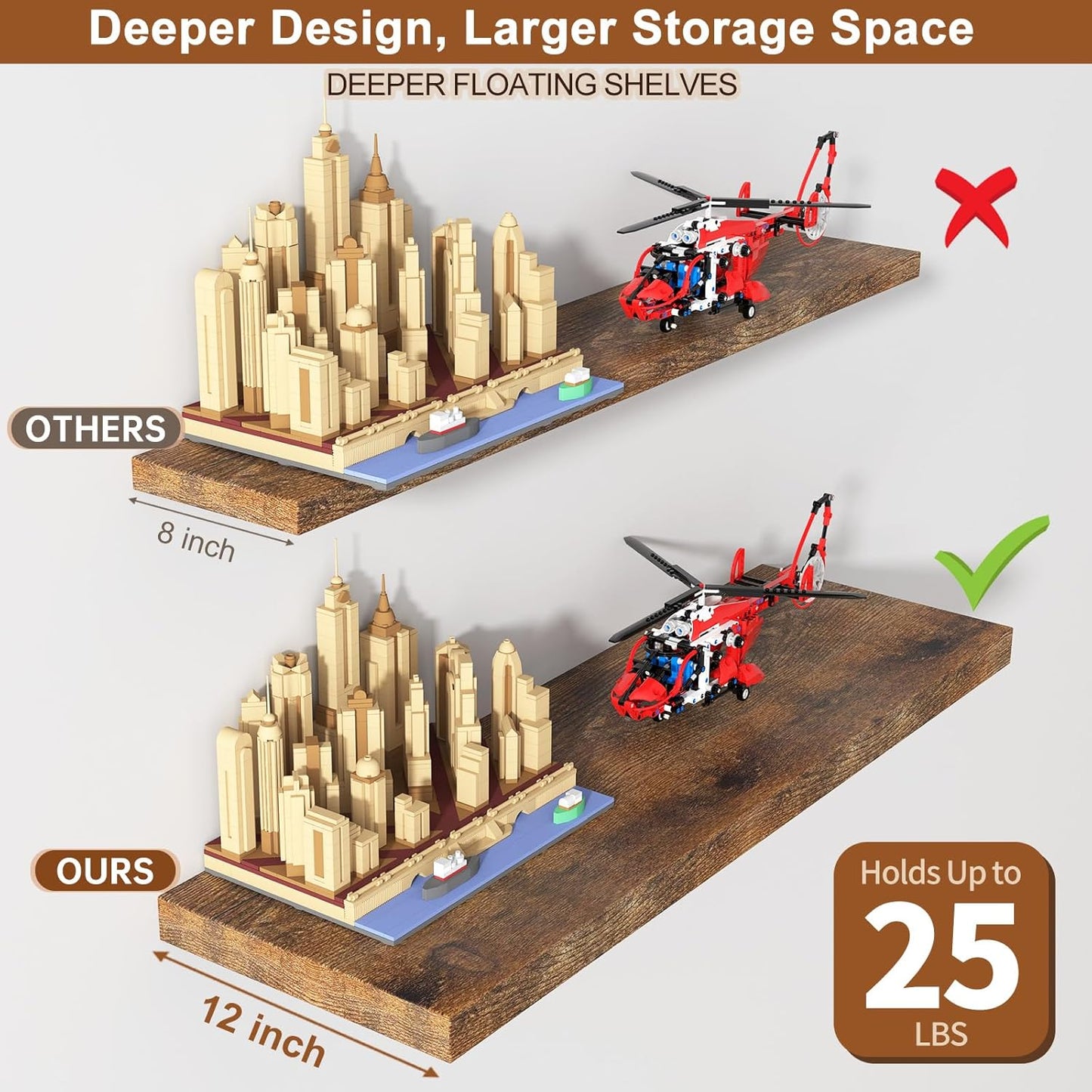 12 Inch Deep Floating Shelves for Wall 1 Pack Floating Shelves Large Storage Space Wall Mount Shelf for Living Room Kitchen Bathroom 30" W x 12" D x 1.2" H Rustic Brown