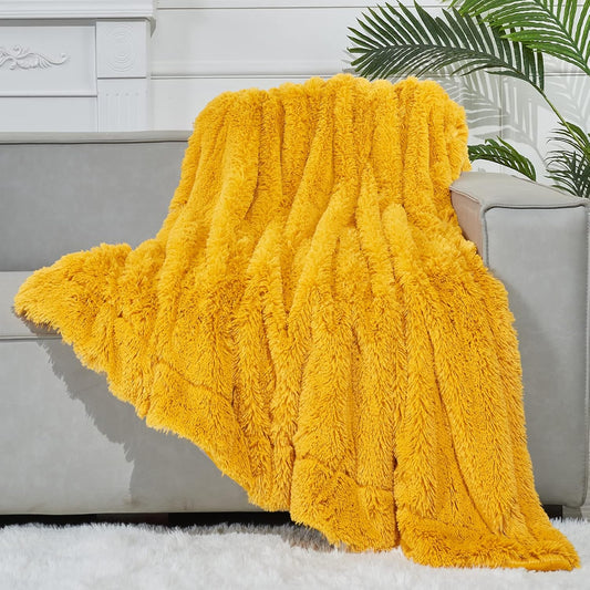 GONAAP Fuzzy Faux Fur Throw Blanket Mustard Yellow Super Soft Cozy Plush Fuzzy Shaggy Blanket for Couch Sofa Bed (Mustard Yellow, Throw(50"x60"))