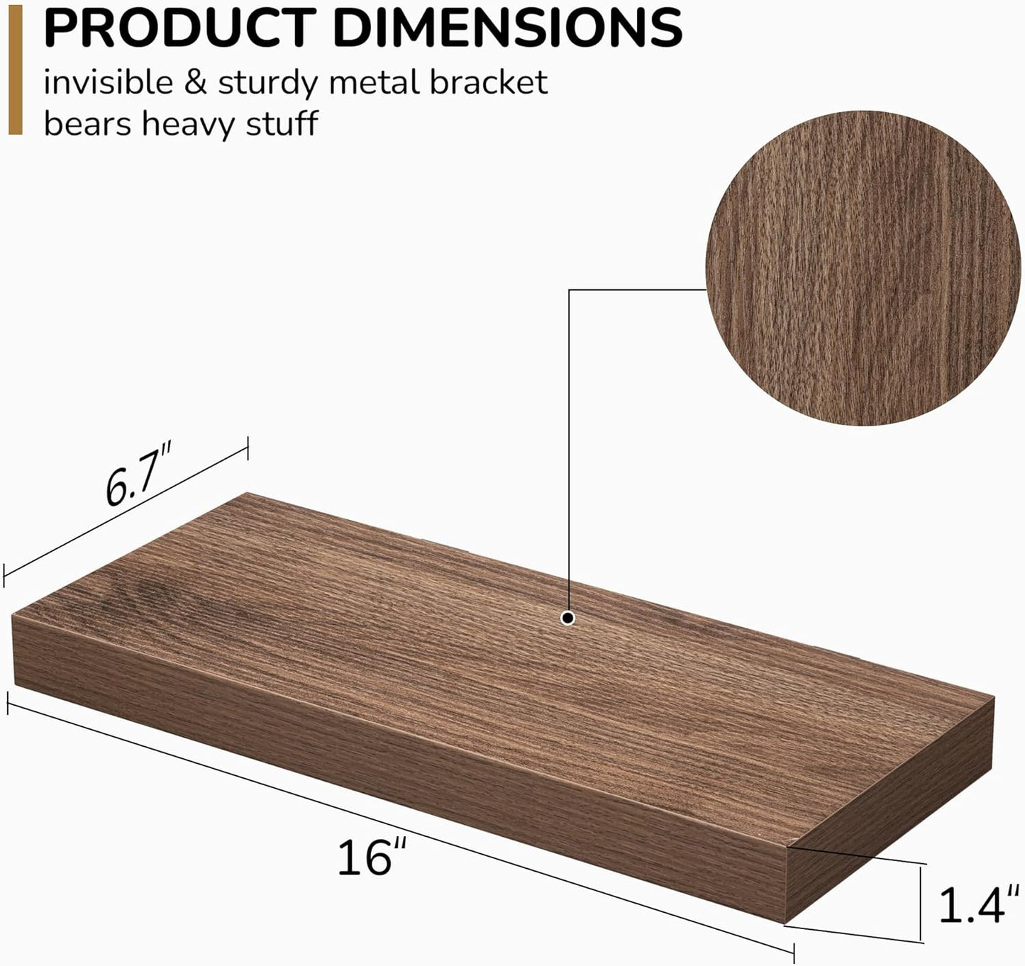 Fun Memories Floating Shelves - 16 Inch Wall Shelf for Decor & Storage - Wall Mounted Display Shelving with Invisible Heavy-Duty Metal Bracket 2Pack, Walnut
