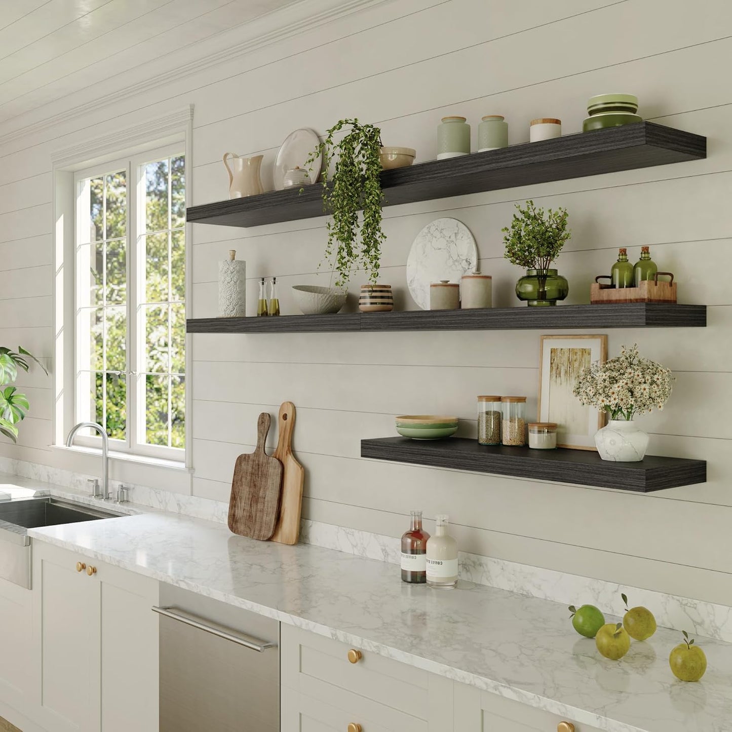 Large Floating Shelves for Wall Set of 2 Wooden Wall Shelves 24 in x 12.75 in x 2 in Room Decor Long Shelf with Invisible Wall Mount Bracket for Bedroom Kitchen Living Room Black Wood