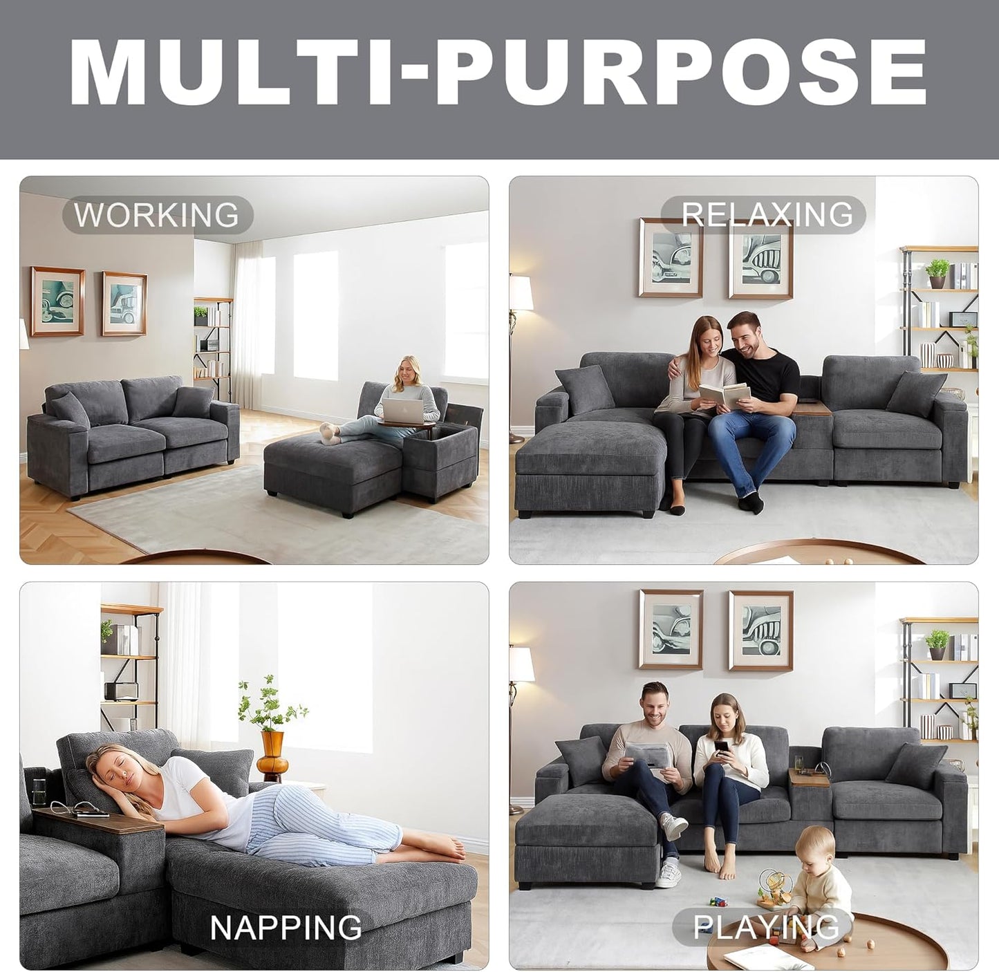 120.3" Modern L-Shaped Sectional Sofa with 360°Swivel Drop-Down Table, Storage Armrest, USB Ports & Movable Storage Ottoman – Plush Linen Cloud Couch for Lounge (Grey)