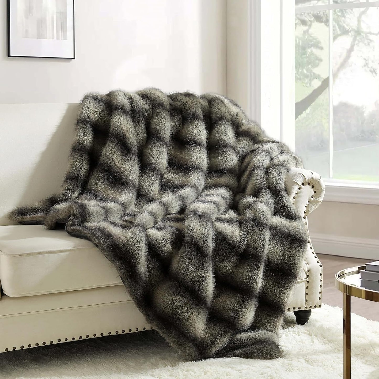 HORIMOTE HOME Luxury Faux Fur Throw Blanket, Non-Shedding 60"x80" Fur Blanket Throw, Ultra Soft Blankets for Bed, Couch and Sofa, Premium Soft, Thick Fluffy Throws, Gray Black Stripes