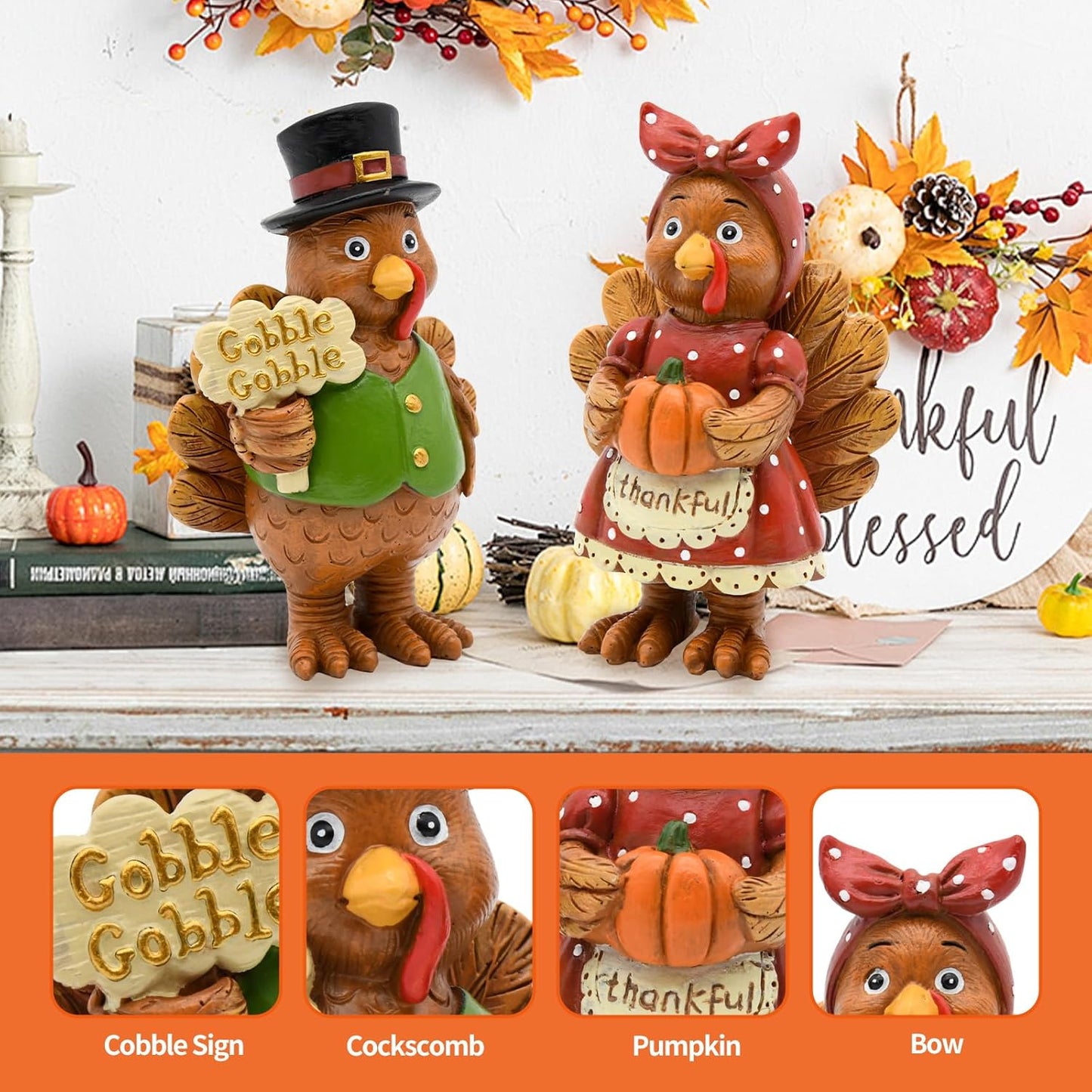 Thanksgiving Turkey Decor - 2Packs Resin Turkey Couple Standing Figurines Thanksgiving Decorations- Fall Decor Indoor for Tables Centerpieces Harvest Farmhouse Kitchen