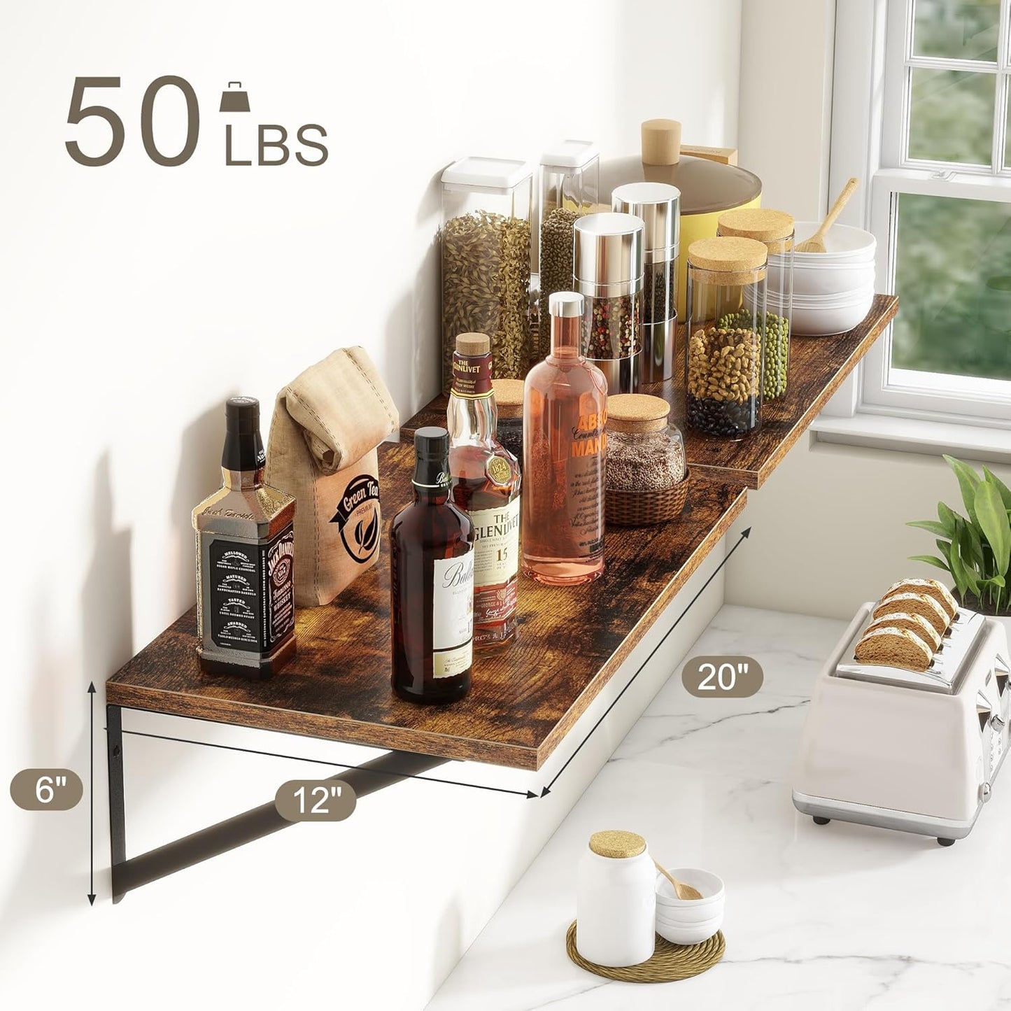 Fun Memories 20 Inch Floating Shelves, Deep Wall Shelves for Kitchen, 20 x 12 Floating Shelf for Living Room, Bedroom, Farmhouse Floating Shelves for Home Decor Storage, Rustic Brown, Set of 2