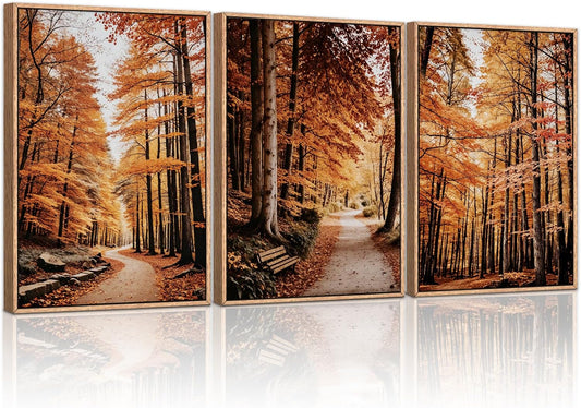 HLNIUC Autumn Forest Framed Canvas Wall Art,Fall Nature Pictures Wall Decor Set of 3(16”x24”) Large Maple Trees Trail Scenery Wall Painting,Modern Fall Landscape Art Print for Living Room,Bedroom