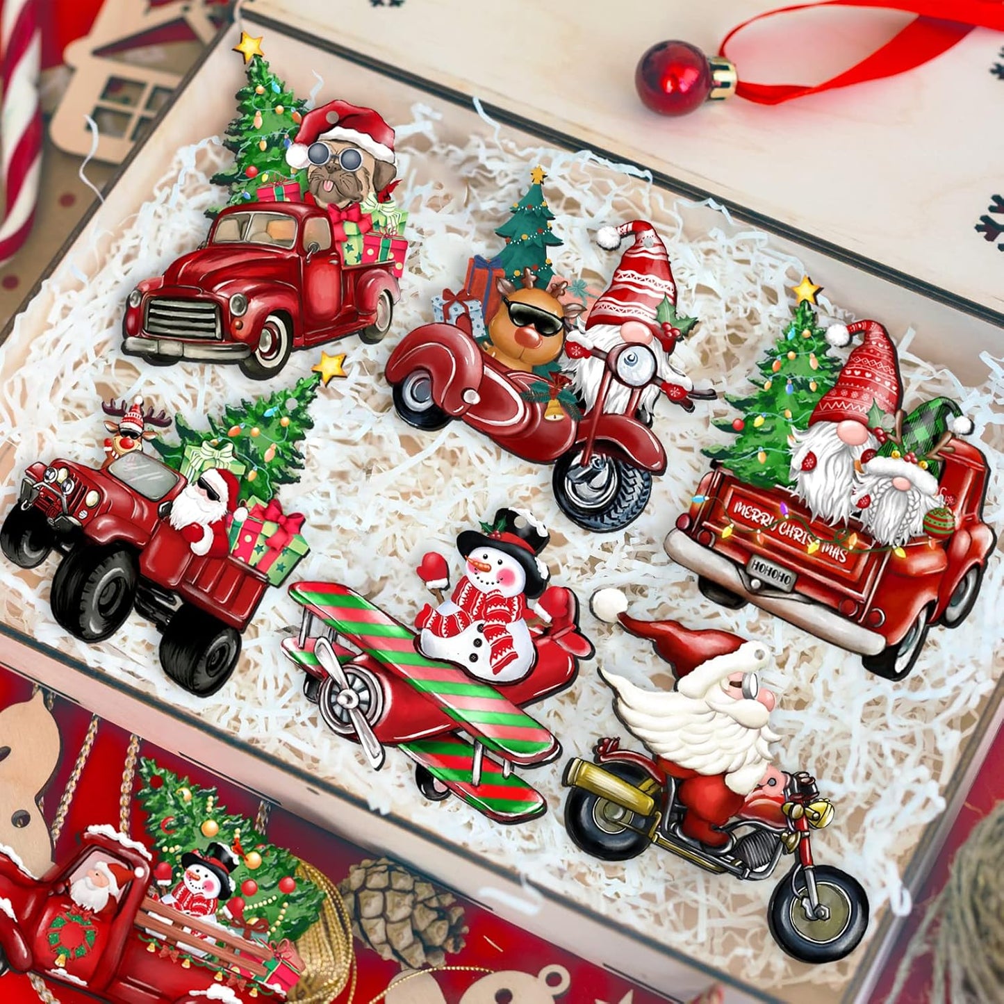 Wooden Christmas Truck Ornaments Red Truck Wooden Hanging Ornaments Wooden Car Crafts with Bead Farmhouse Hanging Decor for Xmas Tree Decoration Holiday Parties Craft Supplies 24 Pieces