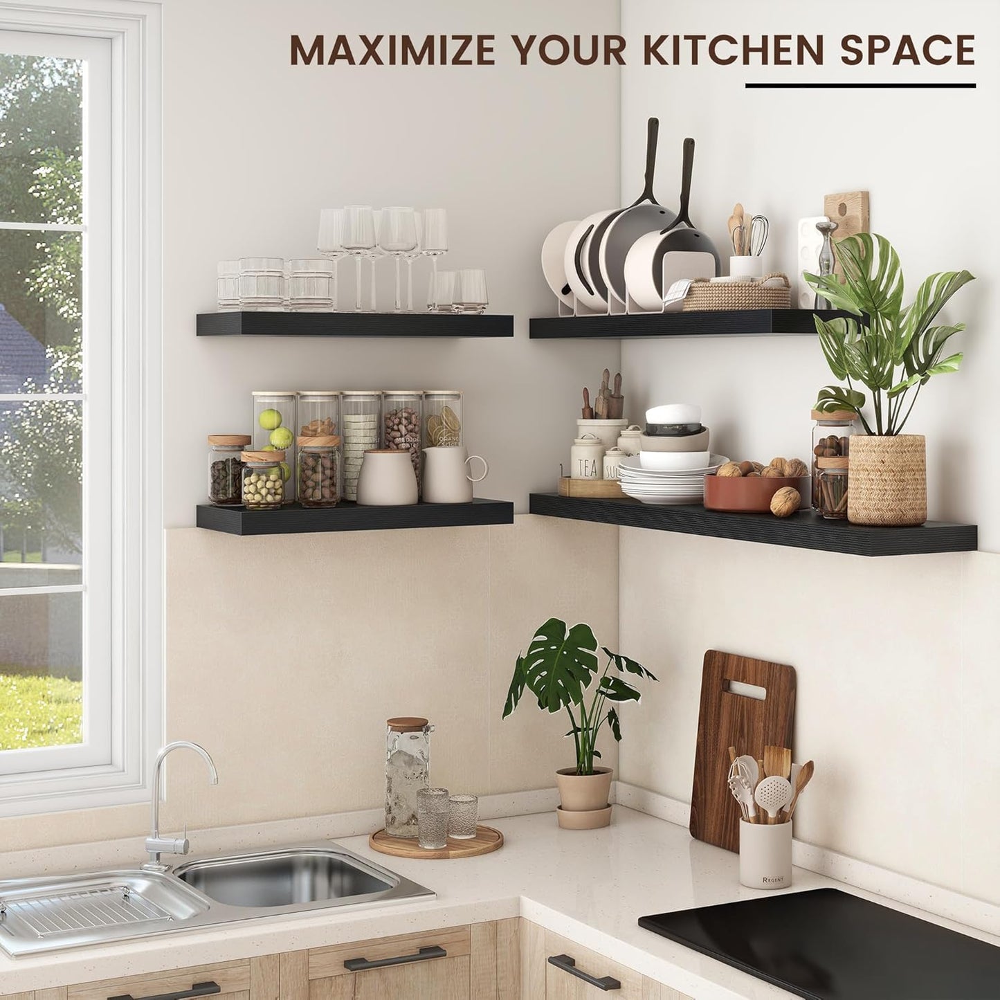 Floating Shelves - 2 Large Wall Mounted Shelves with Invisible Brackets, Long Wood Floating Wall Shelf for Living Room, Bedroom, Kitchen (Black, 48" W x 9" D x 1.5" H)