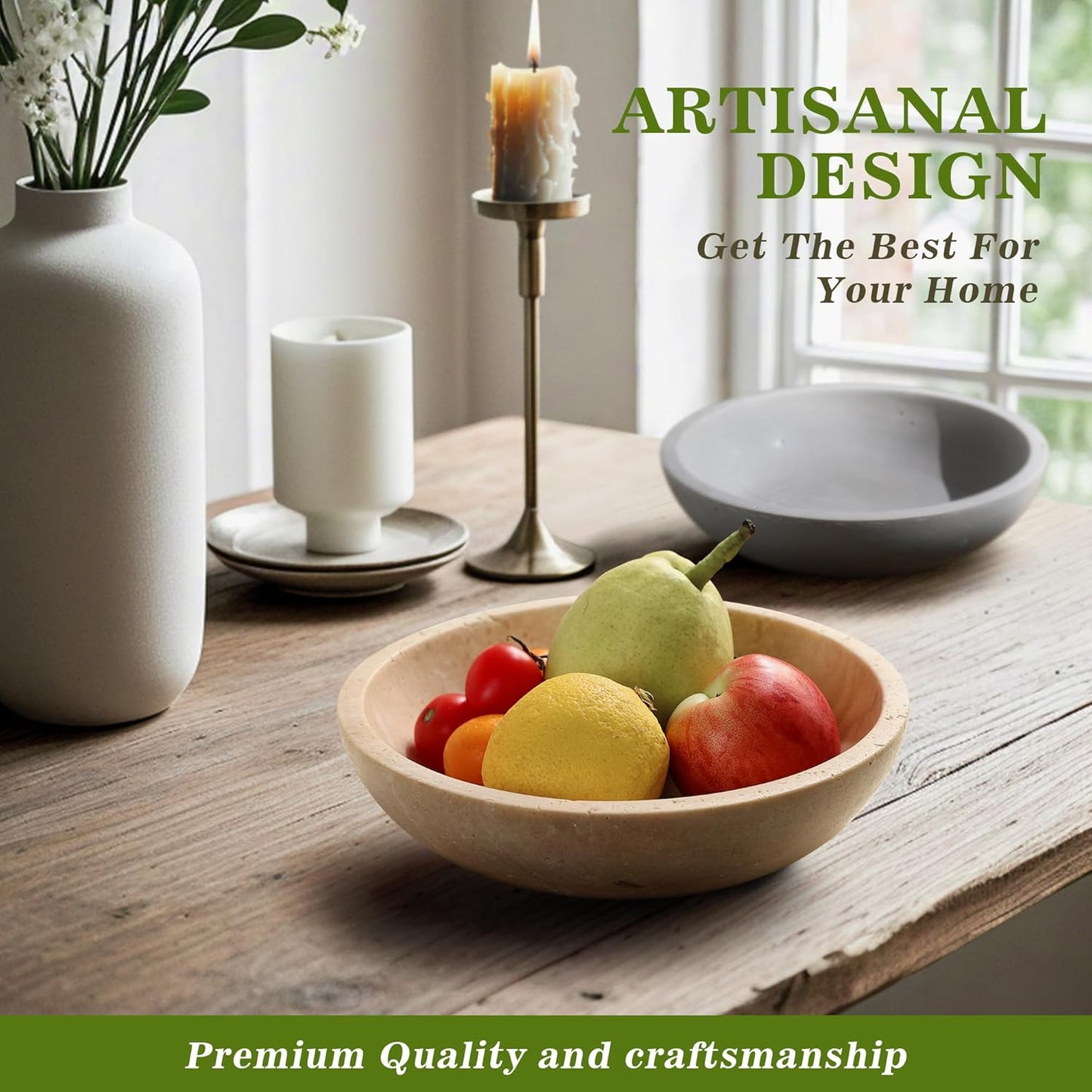 Marble Decorative Bowl for Kitchen Counter, Natural Travertine Serving Bowl with,Modern Display Bowl for Dining Table Centerpiece Home Decor(7.8 Inch)