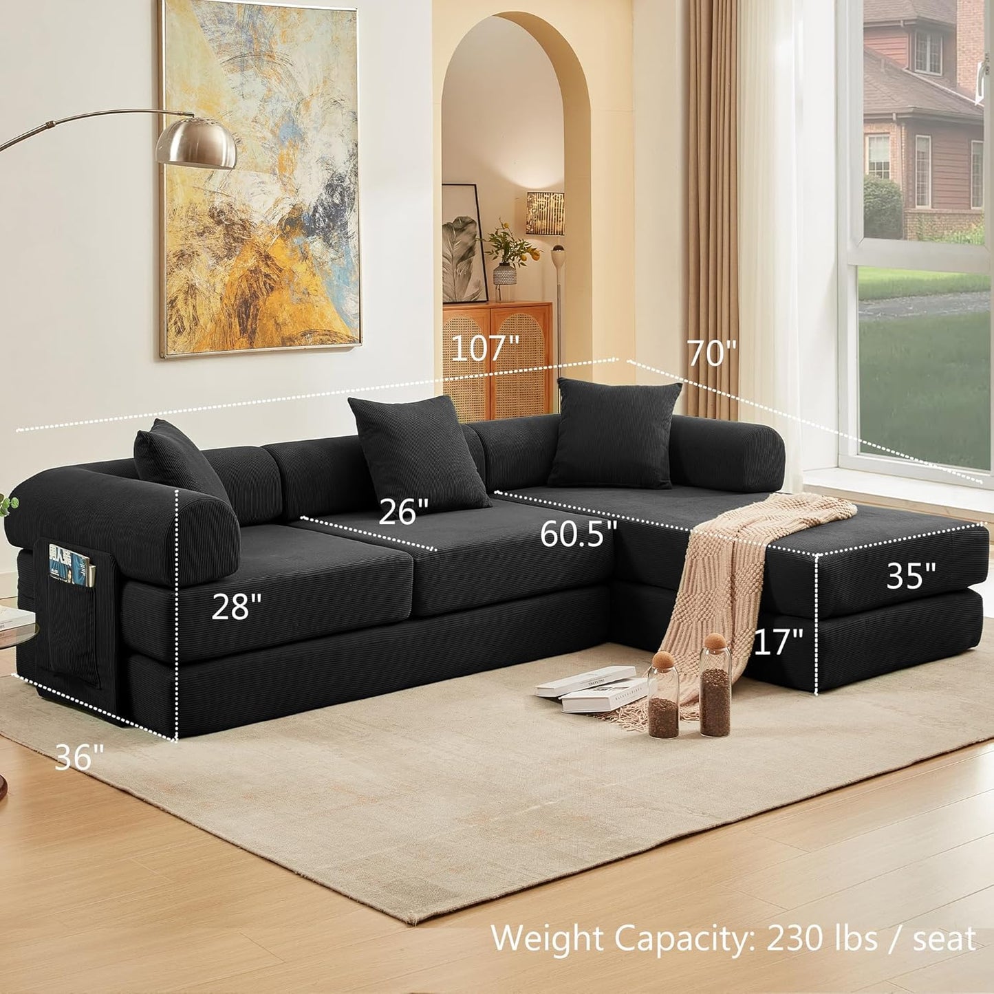 107" Oversized Convertible Sleeper Sofa Bed, Corduroy L Shape Sectional Couch, Folding Sofa Bed with Side Pocket, Modern Cloud Floor Mattress Couch, Modular Sofa for Living Room, Black