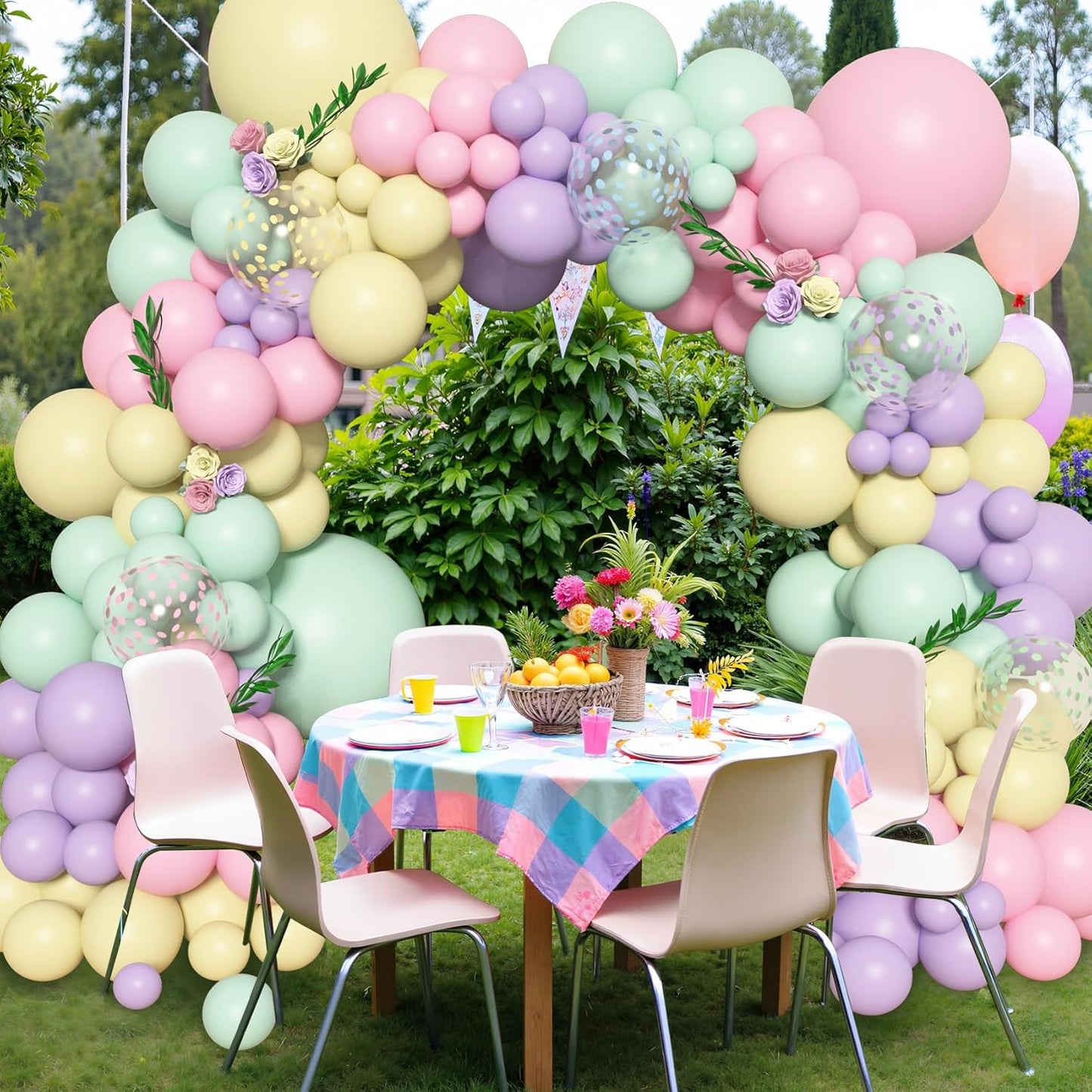 Amandir 153pcs Pastel Balloons Garland Arch Kit, Different Sizes 18 12 10 5inch Pastel Pink Yellow Green Purple Confetti Balloons for Spring Baby Shower Wedding Wildflower Birthday Party Decorations