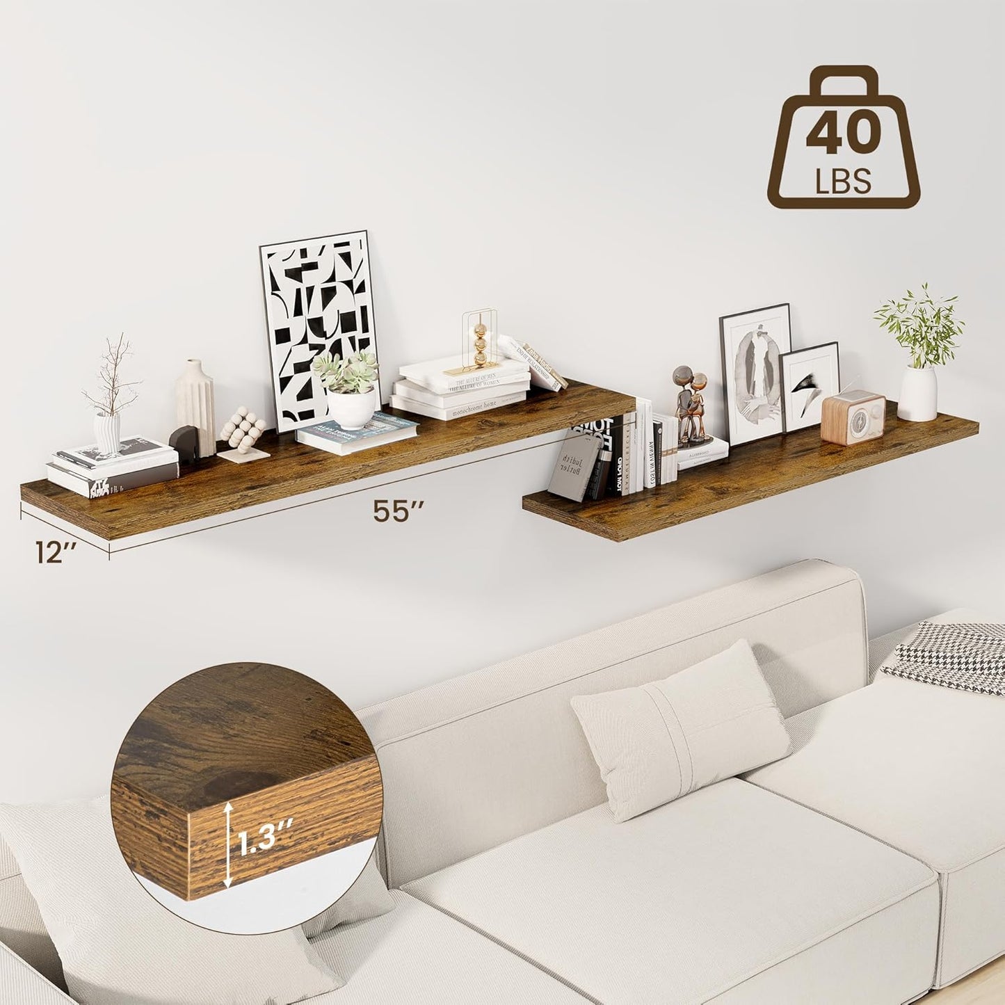 55" Floating Shelves for Wall, 12" Deep Slim Rustic Brown Floating Shelves, Wall-Mounted Shelves for Bedroom, Living Room, Kitchen, Bathroom - Set of 2