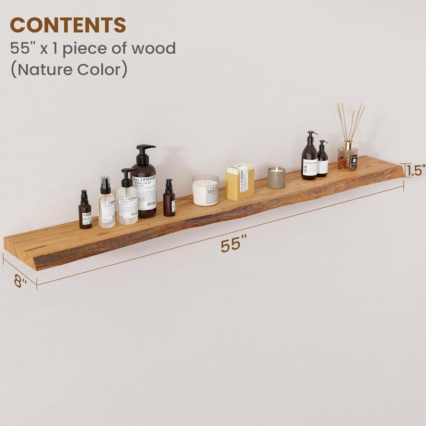 Floating Shelves for Wall Decor, Rustic Solid Elm Wood Floating Shelves Wall Mounted, Wall Shelves with Invisible Bracket for Living Room Bathroom Bedroom Kitchen, 55 Inch, Natural